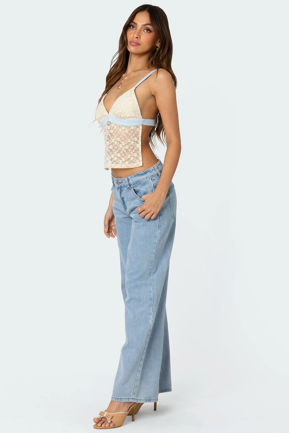 Cream Sheer Lace Back Tie Tank Top