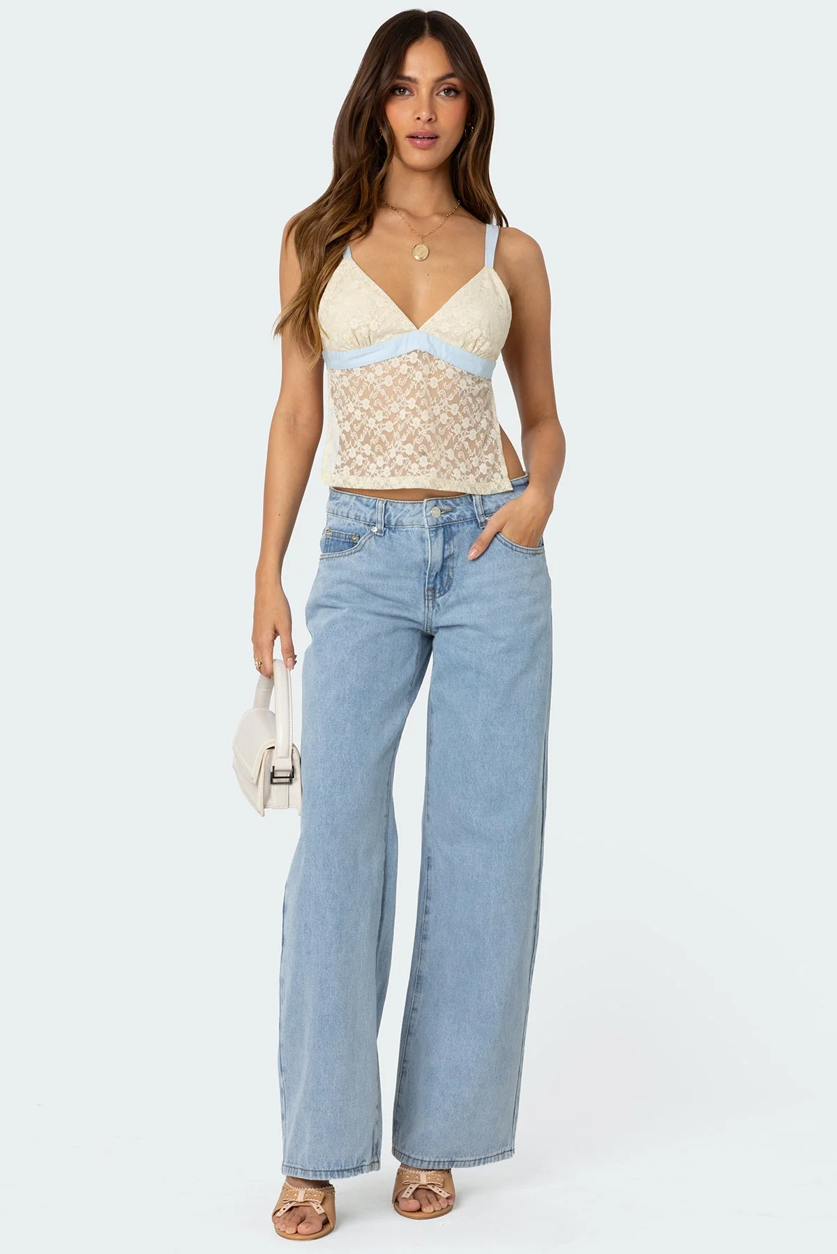 Cream Sheer Lace Back Tie Tank Top