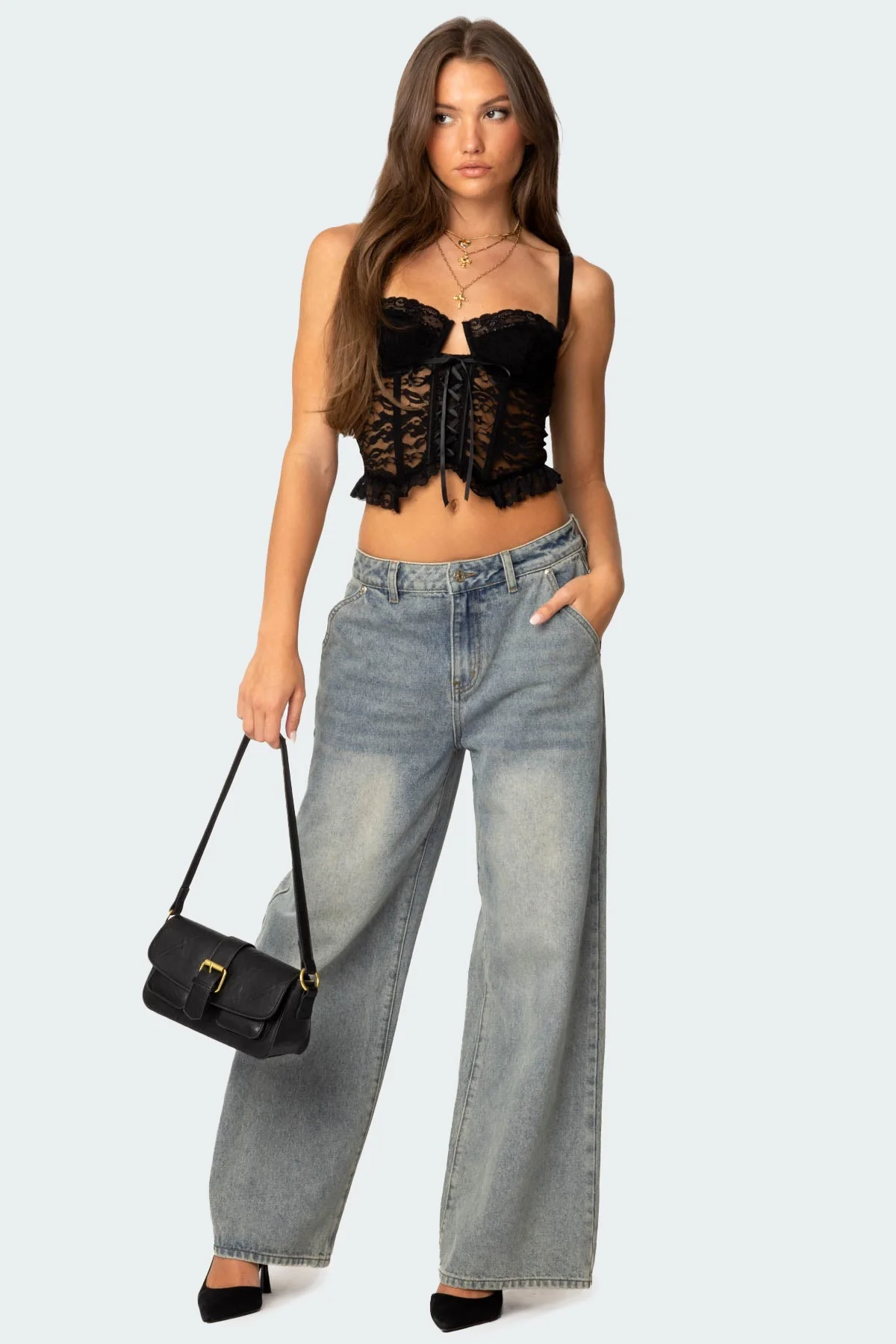 Sheer Lace Corset with Ruffled Hem