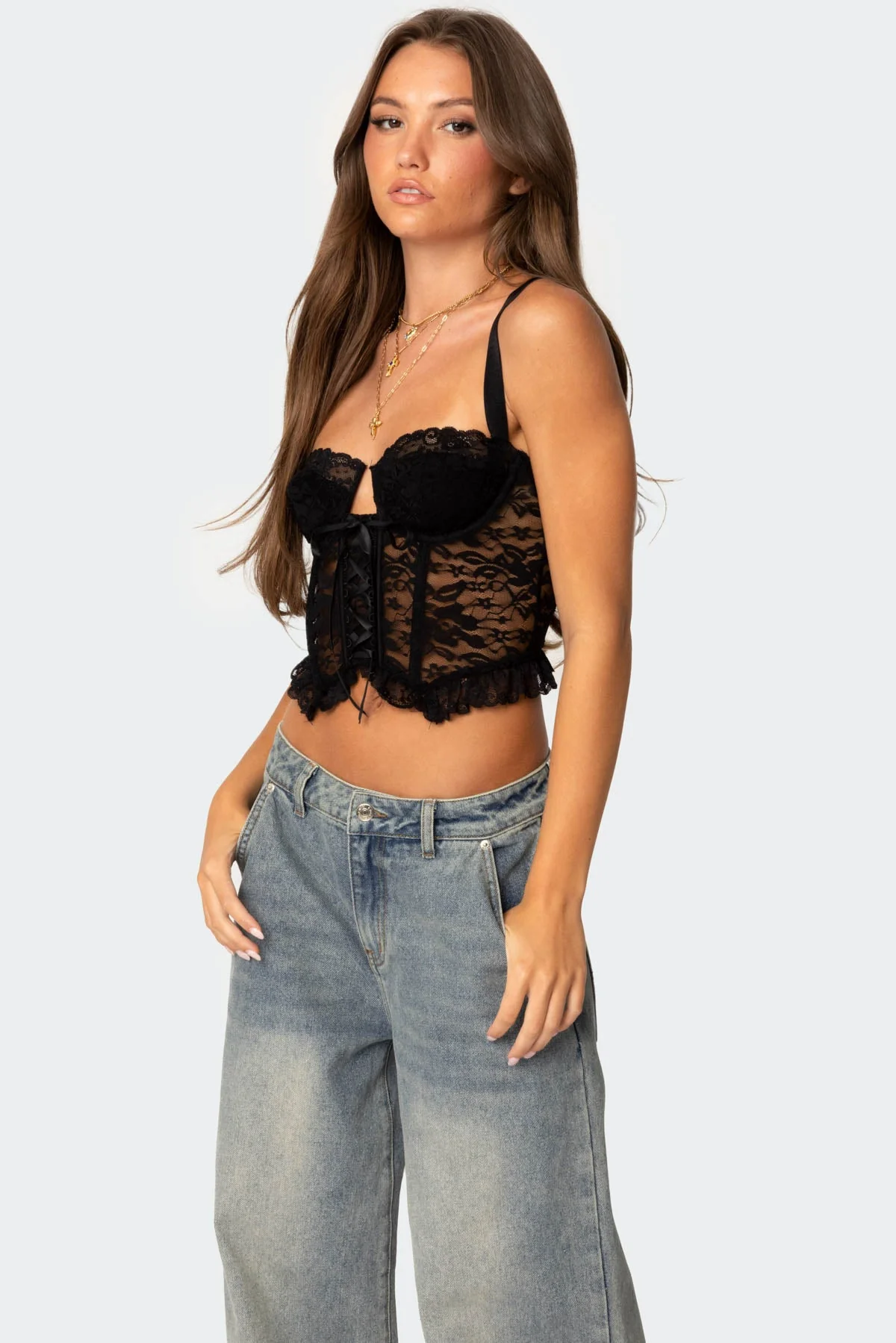 Sheer Lace Corset with Ruffled Hem