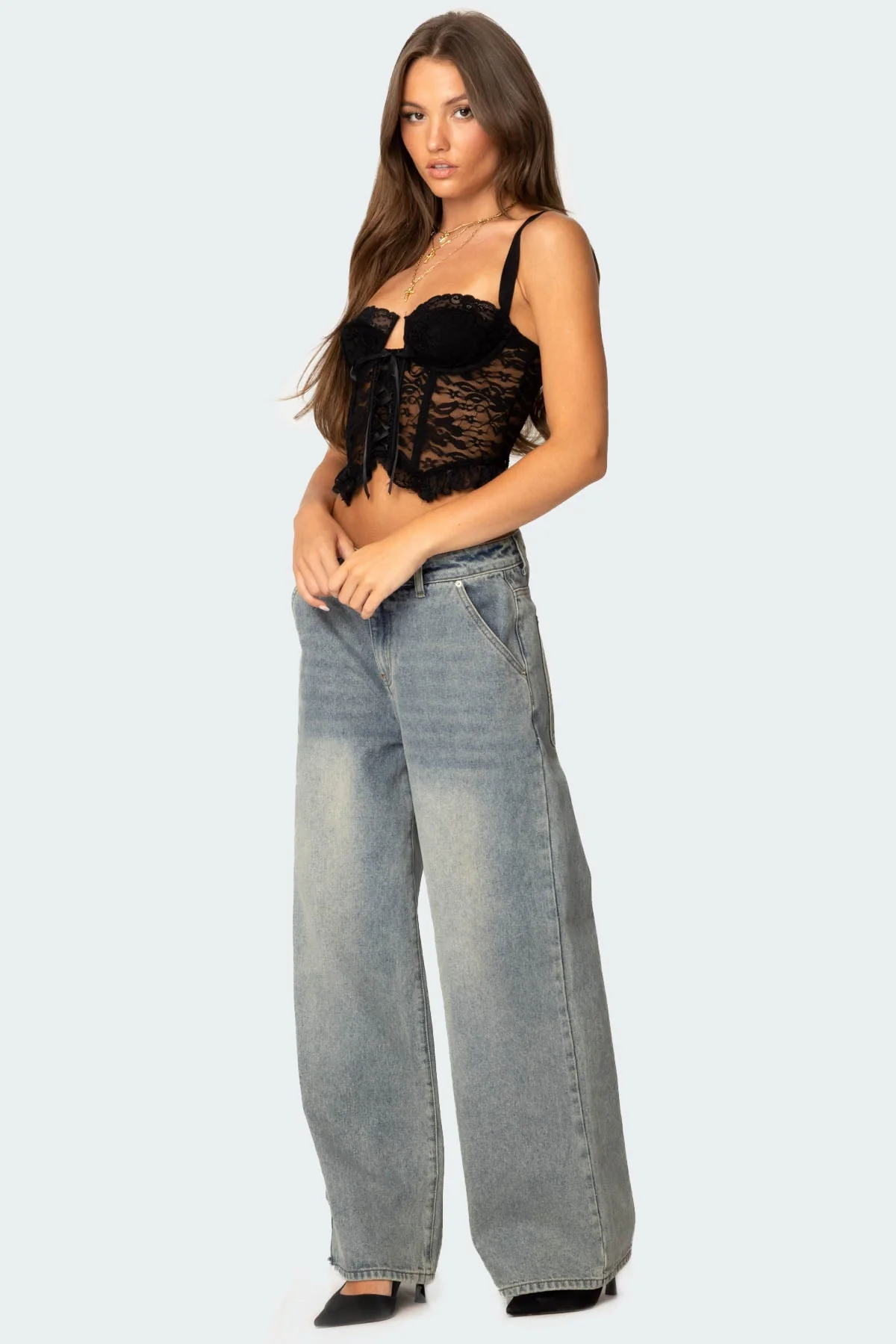 Sheer Lace Corset with Ruffled Hem