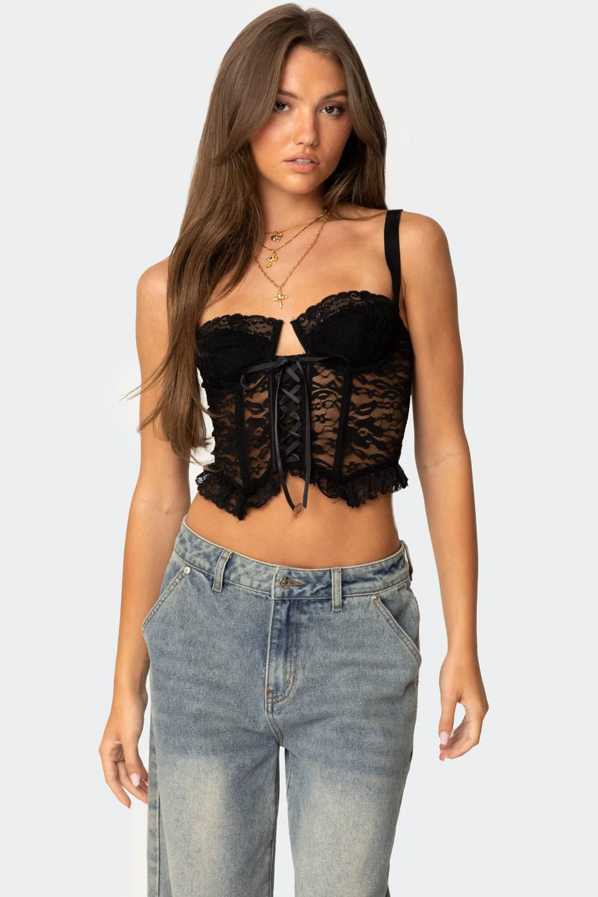 Sheer Lace Corset with Ruffled Hem