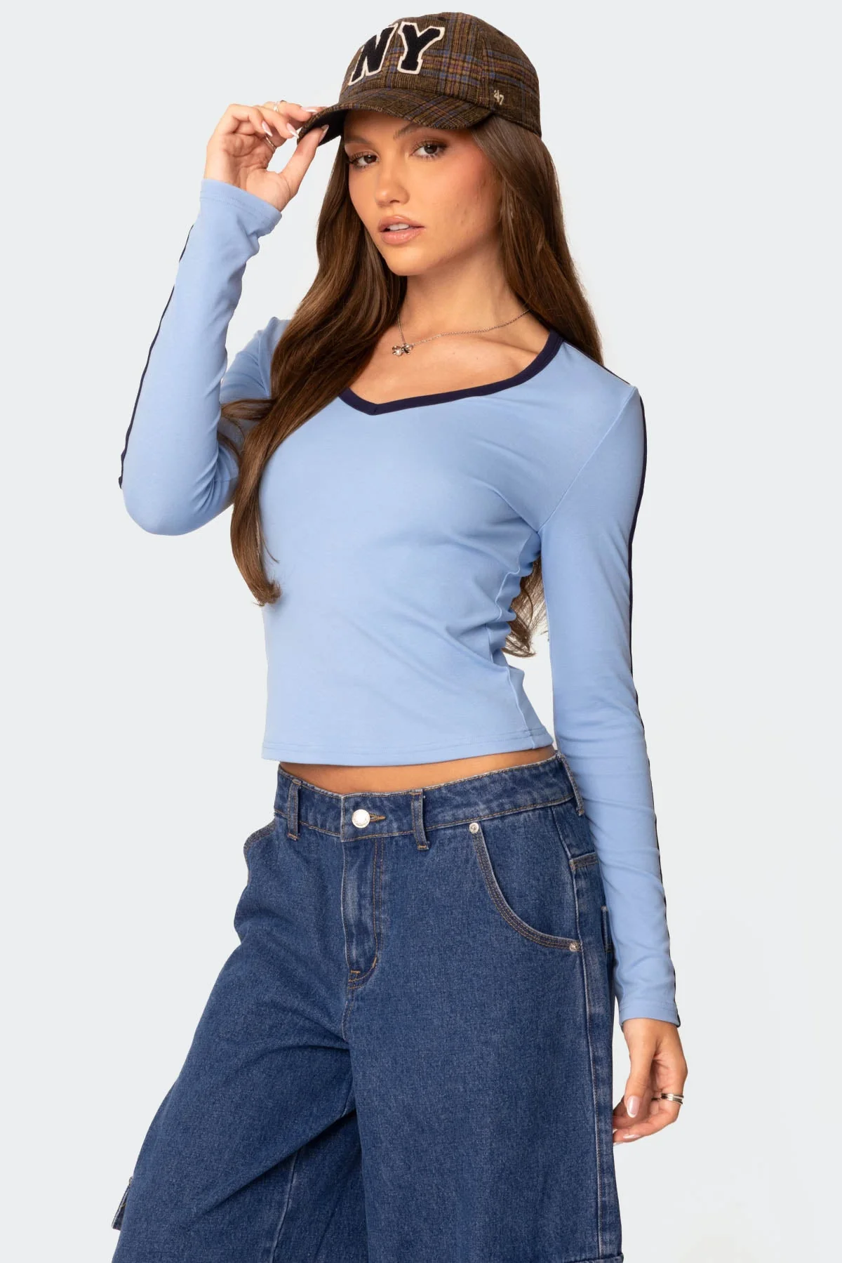 Light Blue Contrast V Neck Long Sleeve Shirt