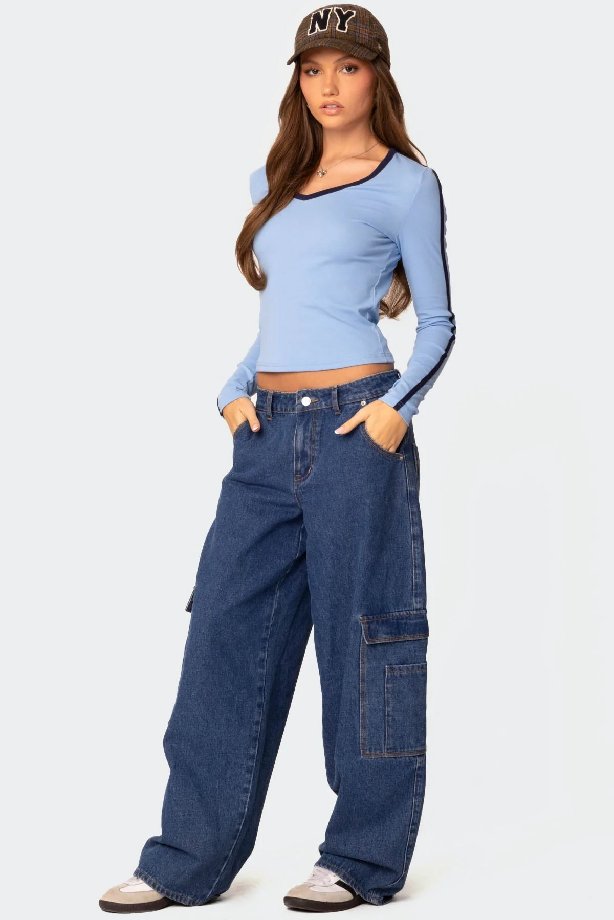 Light Blue Contrast V Neck Long Sleeve Shirt