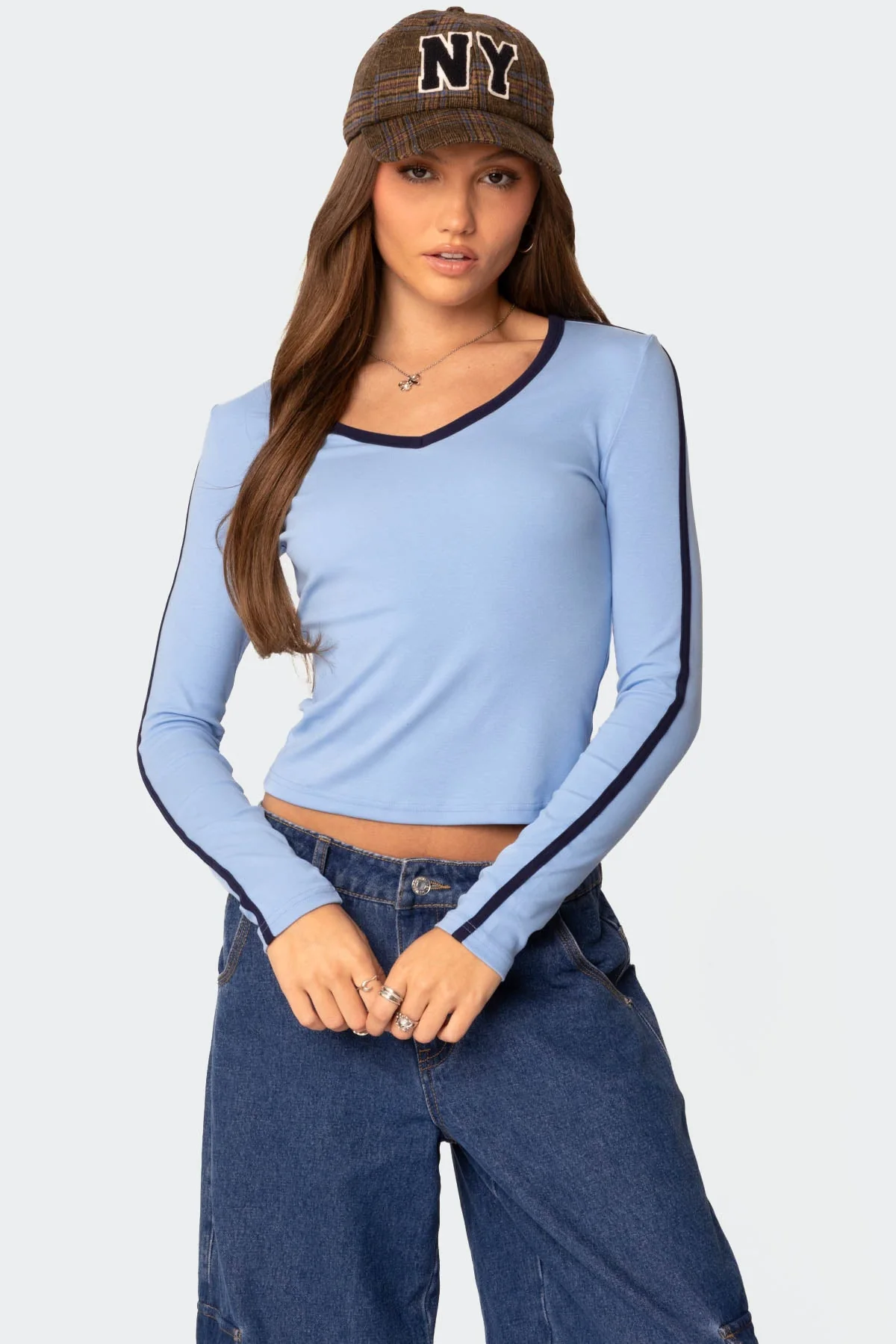 Light Blue Contrast V Neck Long Sleeve Shirt