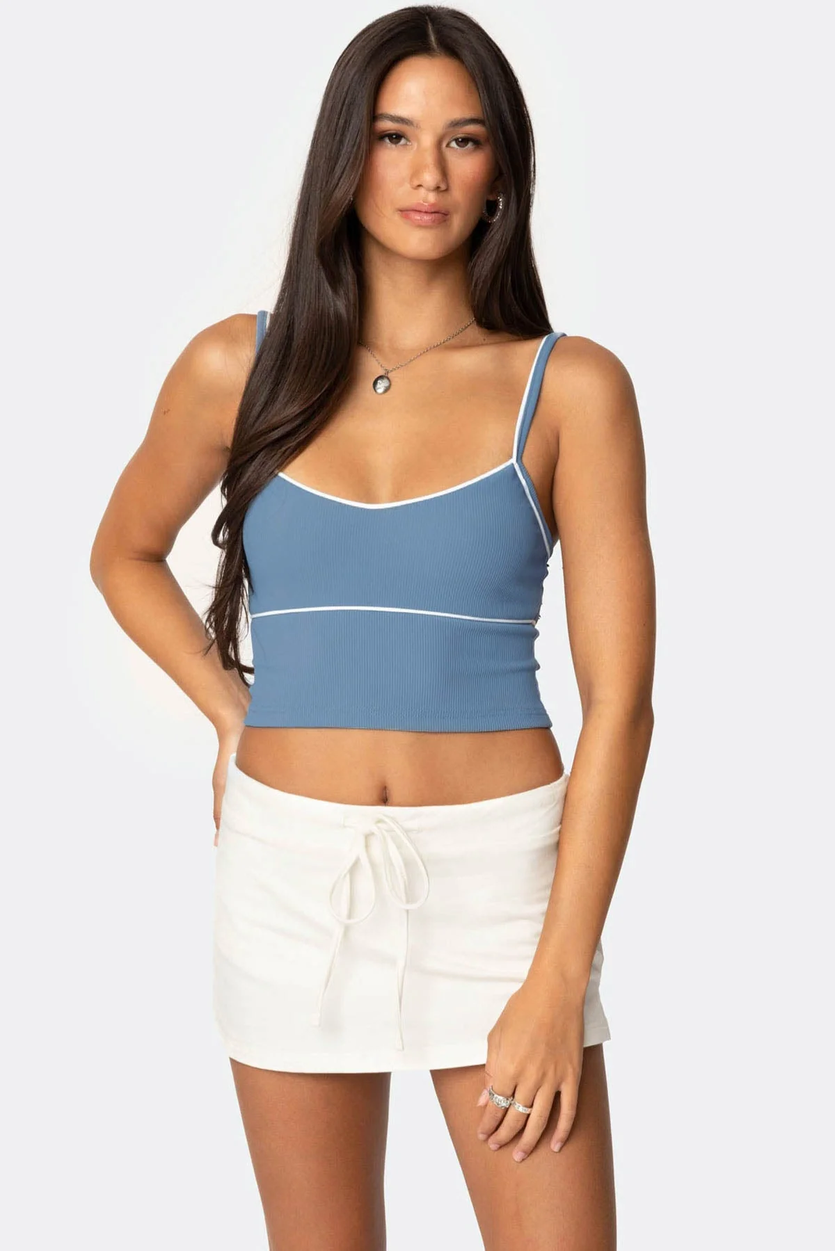 Blue Ribbed Cropped Tank Top