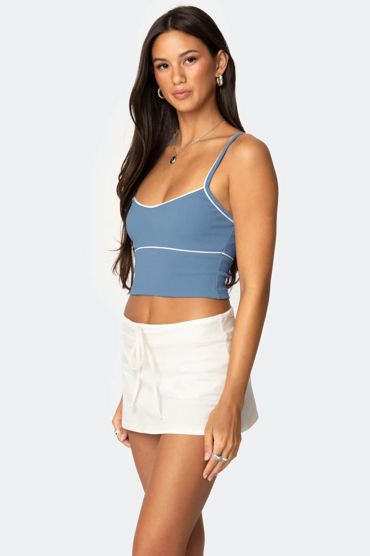 Blue Ribbed Cropped Tank Top