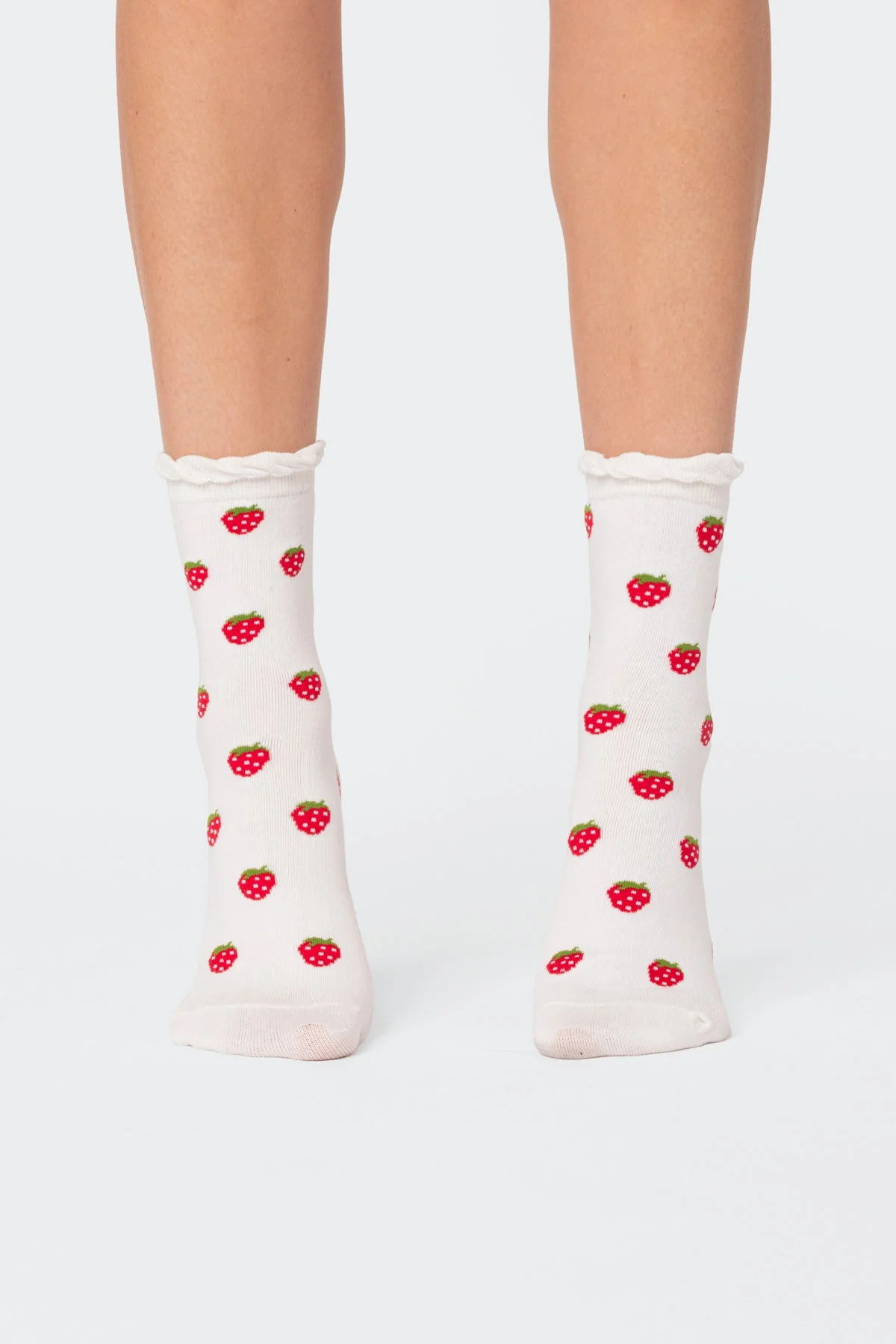 Frilly Strawberry Print Cotton Socks - White