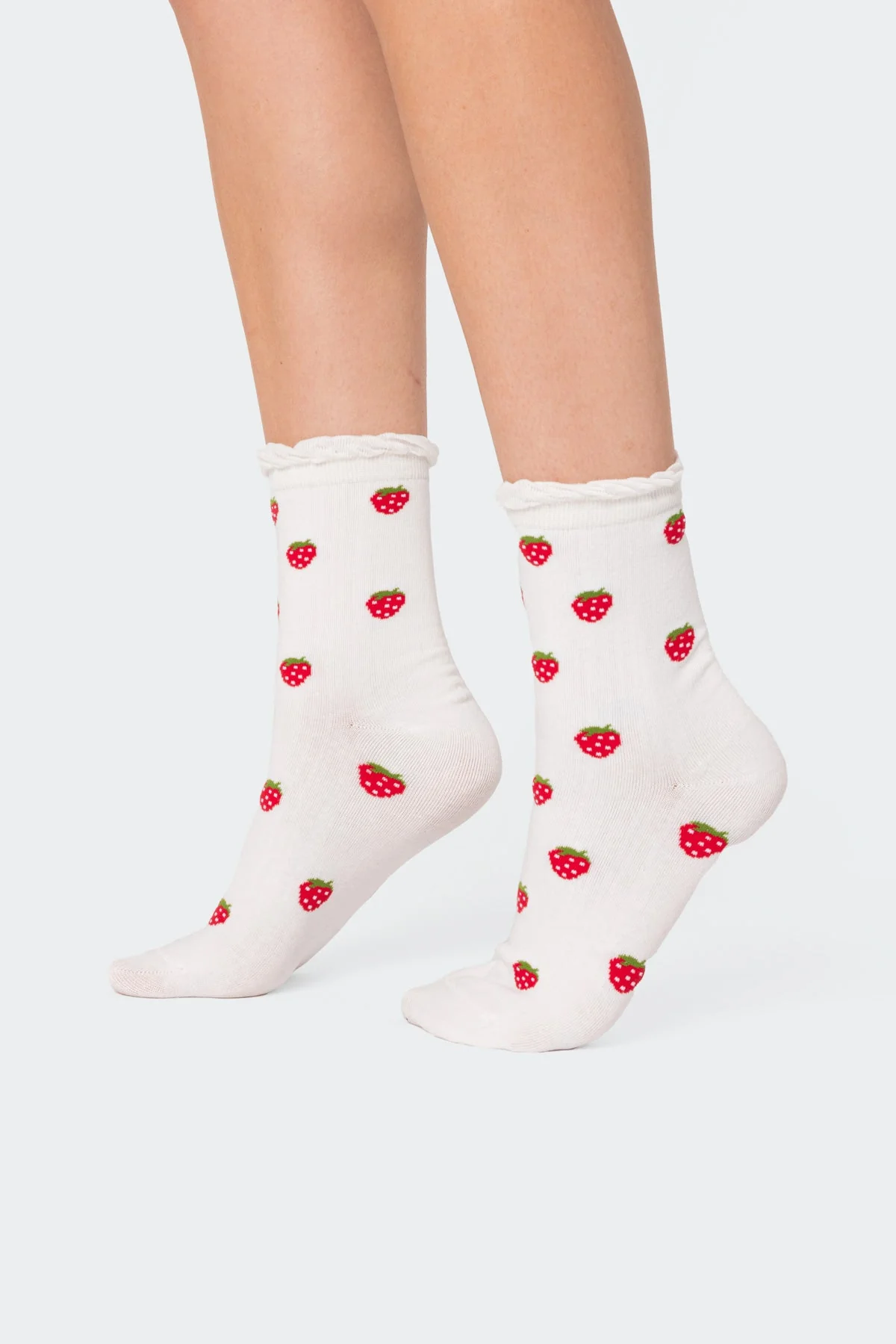 Frilly Strawberry Print Cotton Socks - White