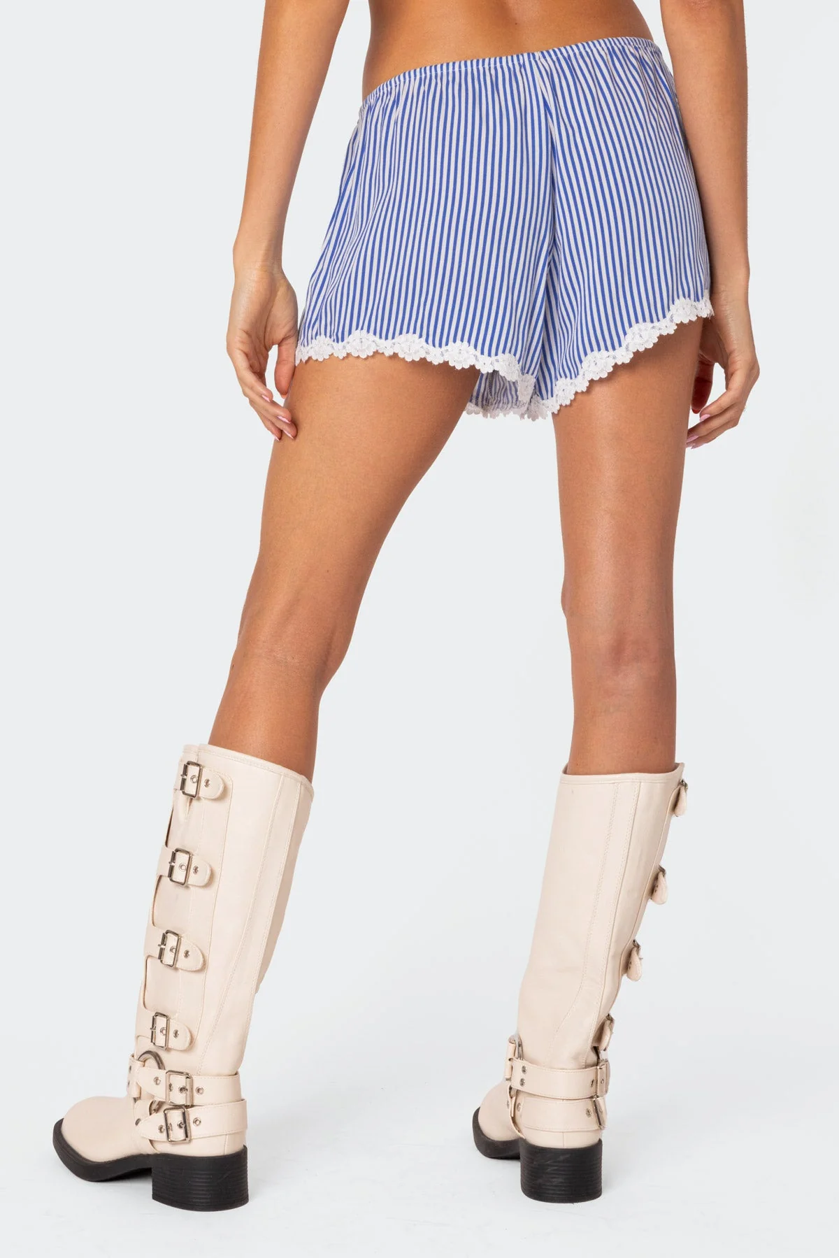 Blue and White Striped Lace Trim Shorts