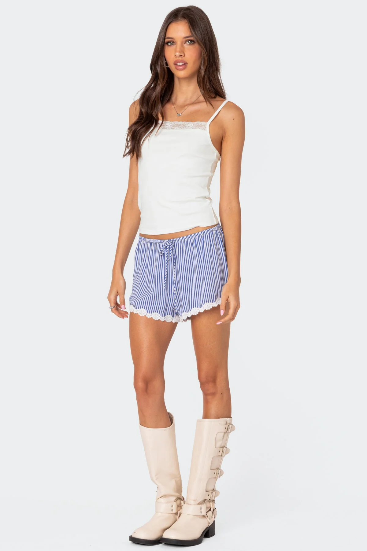 Blue and White Striped Lace Trim Shorts