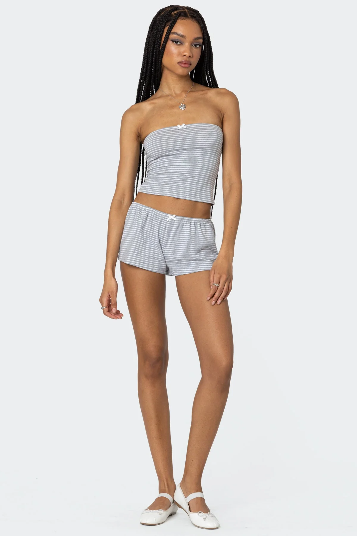 Striped Cotton Sleepwear Shorts - Gray and White