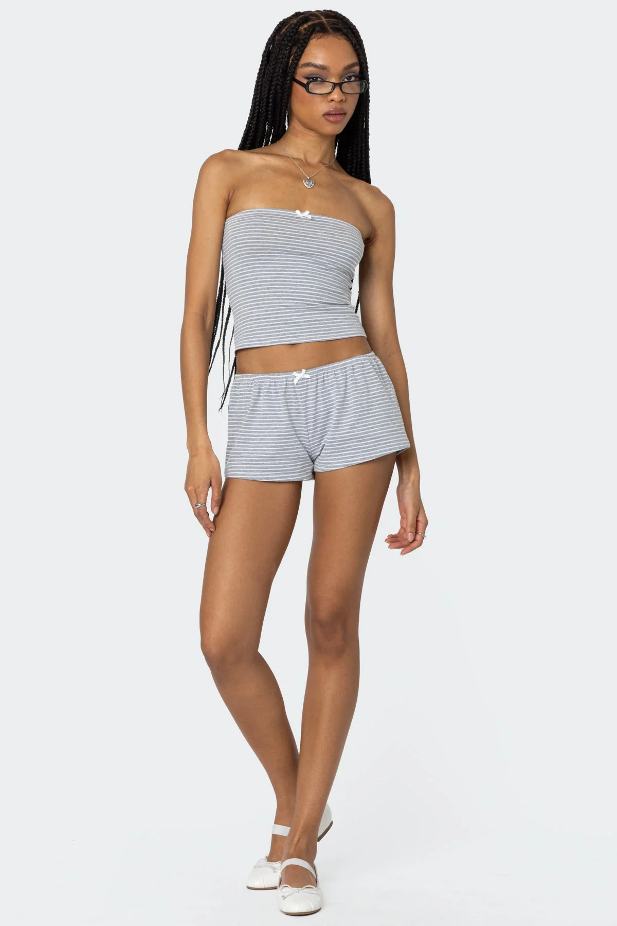 Striped Cotton Sleepwear Shorts - Gray and White