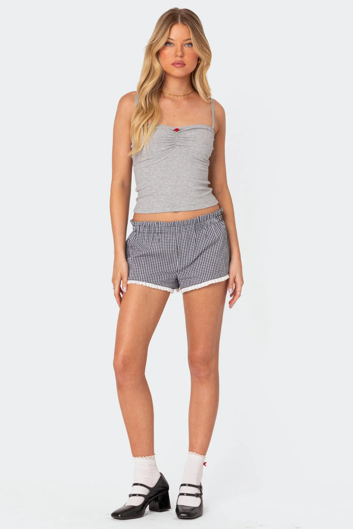 Gingham High-Waist Shorts in Black and White