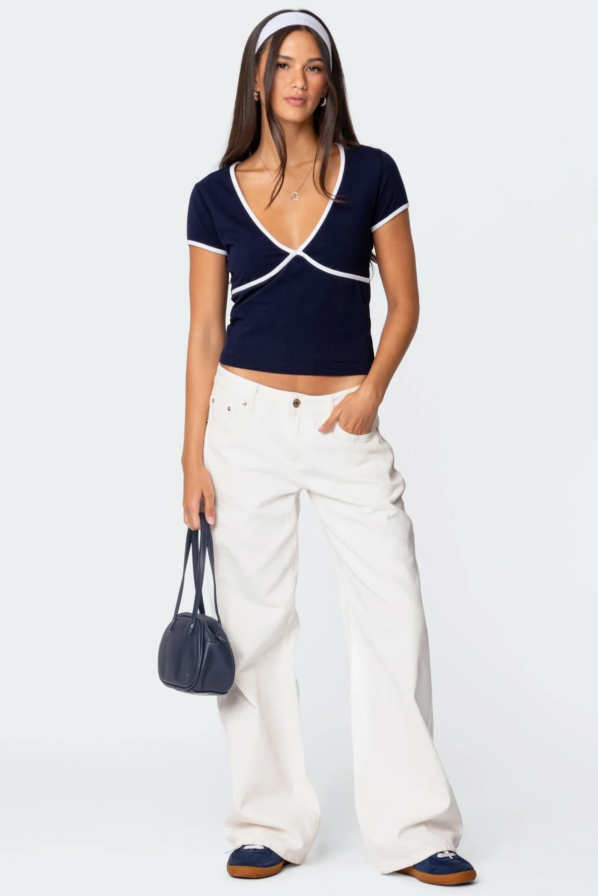 Contrast V Neck Top in Navy - Stylish Alicia Collection