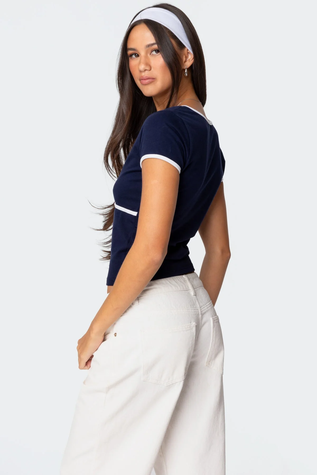 Contrast V Neck Top in Navy - Stylish Alicia Collection