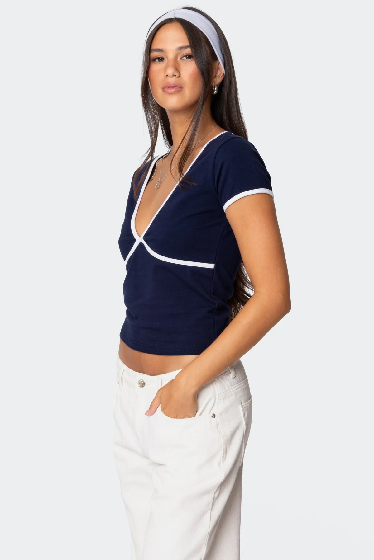 Contrast V Neck Top in Navy - Stylish Alicia Collection