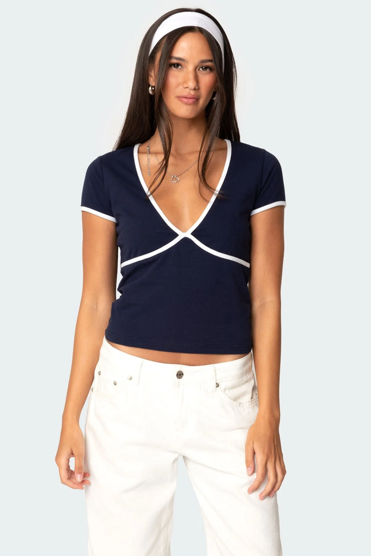 Contrast V Neck Top in Navy - Stylish Alicia Collection