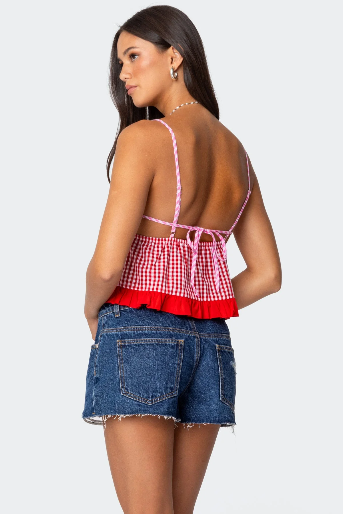 Gingham Cotton Tank Top with Ruffle Hem