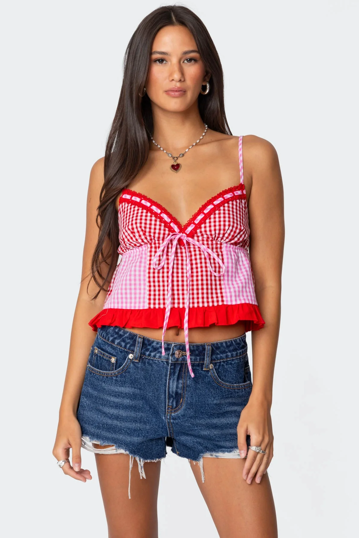 Gingham Cotton Tank Top with Ruffle Hem