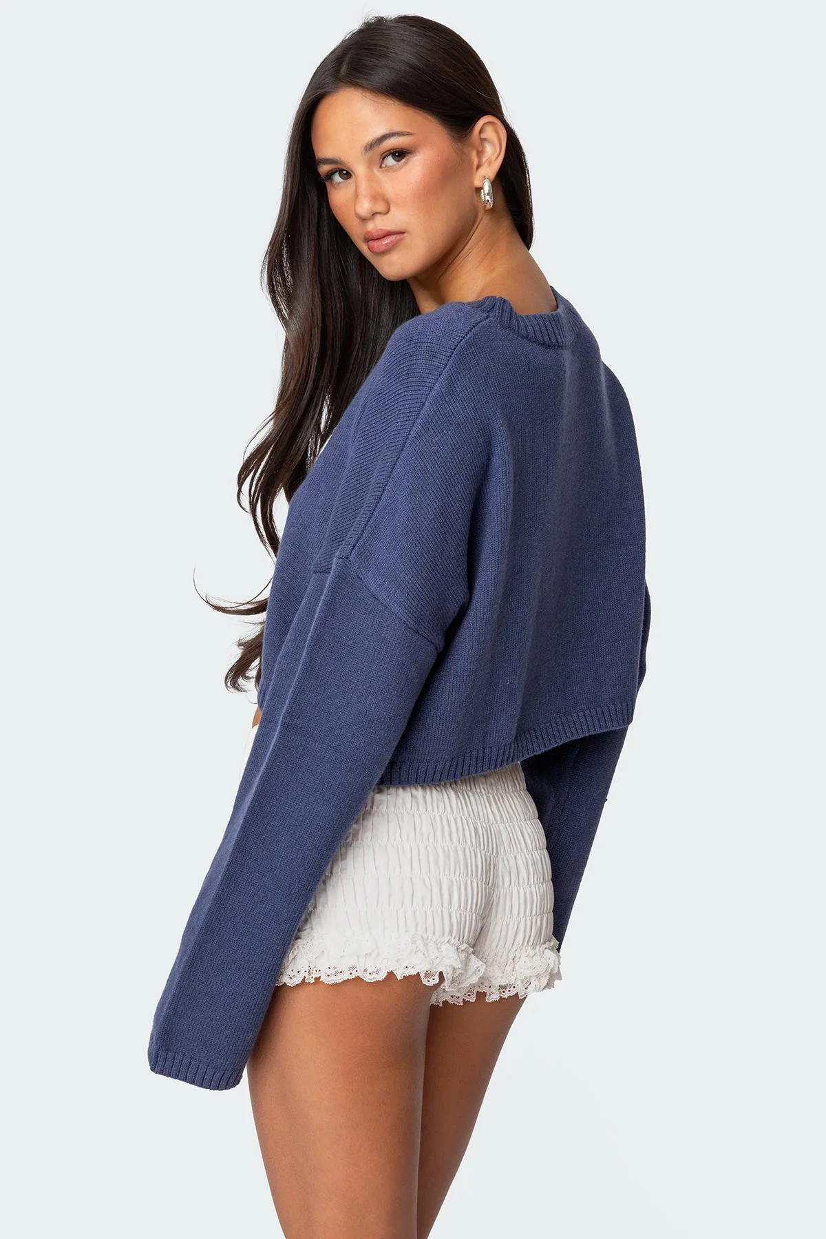 Navy Knit Bow Sweater - Cropped Fit