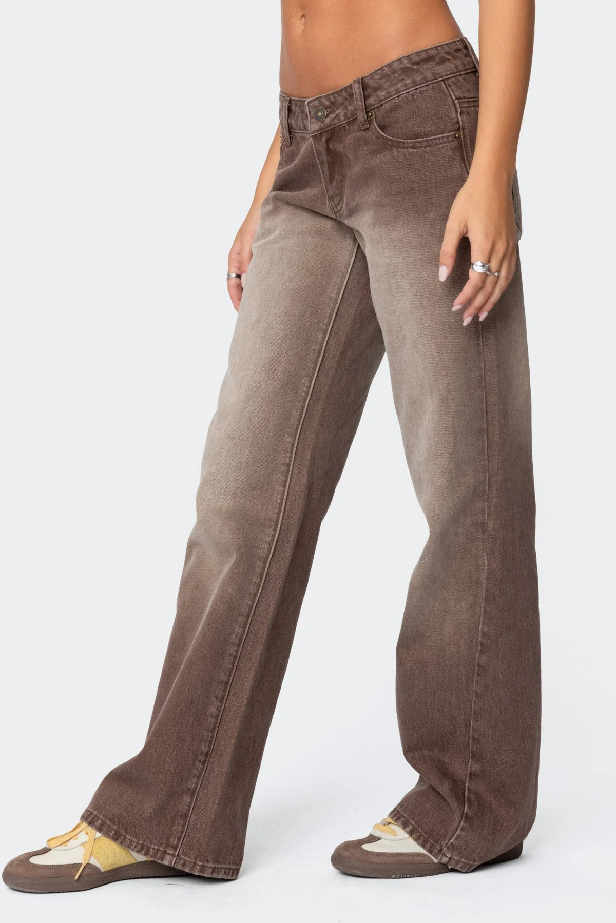 Brown Washed Low Rise Jeans Women Straight Leg Fit