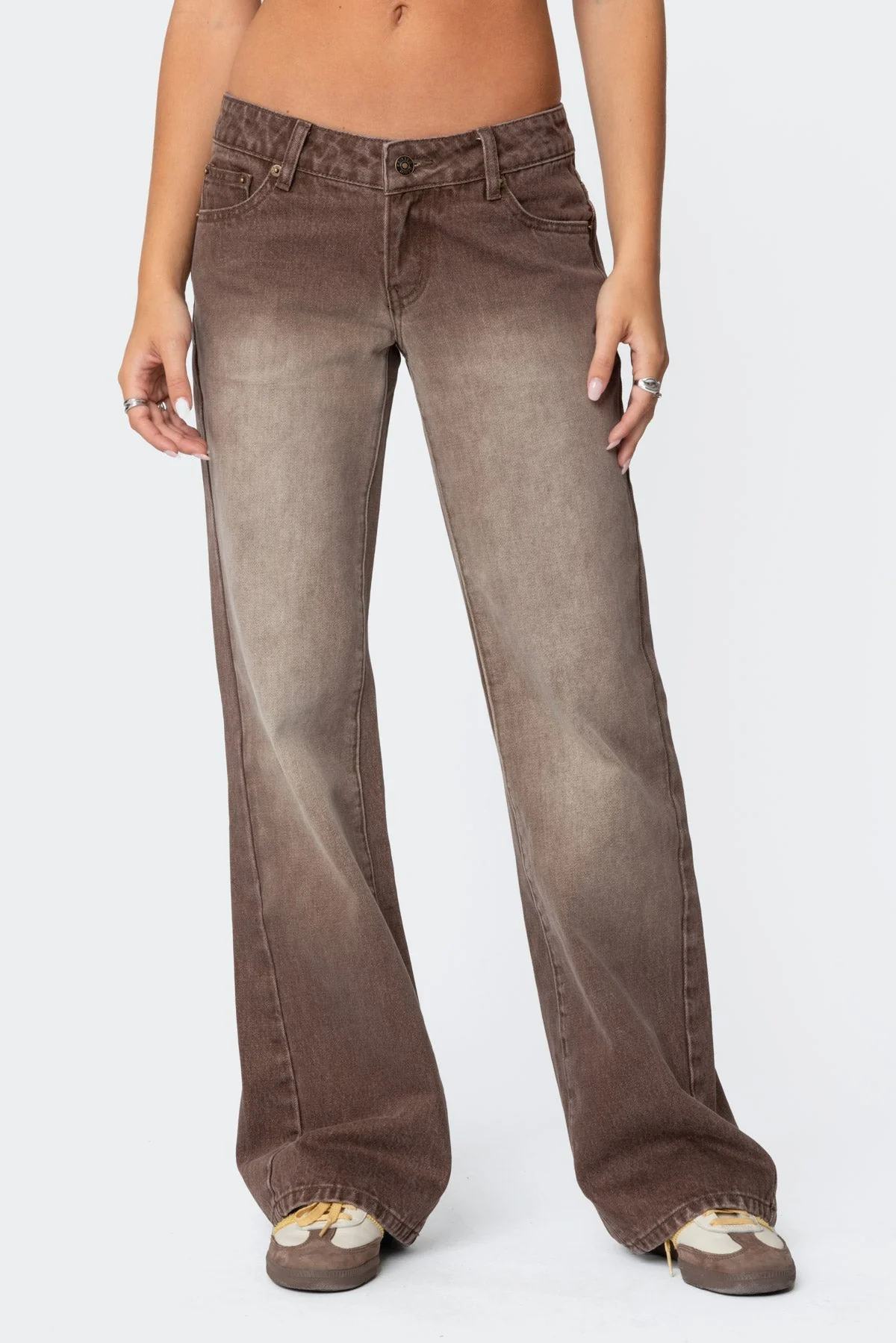 Brown Washed Low Rise Jeans Women Straight Leg Fit