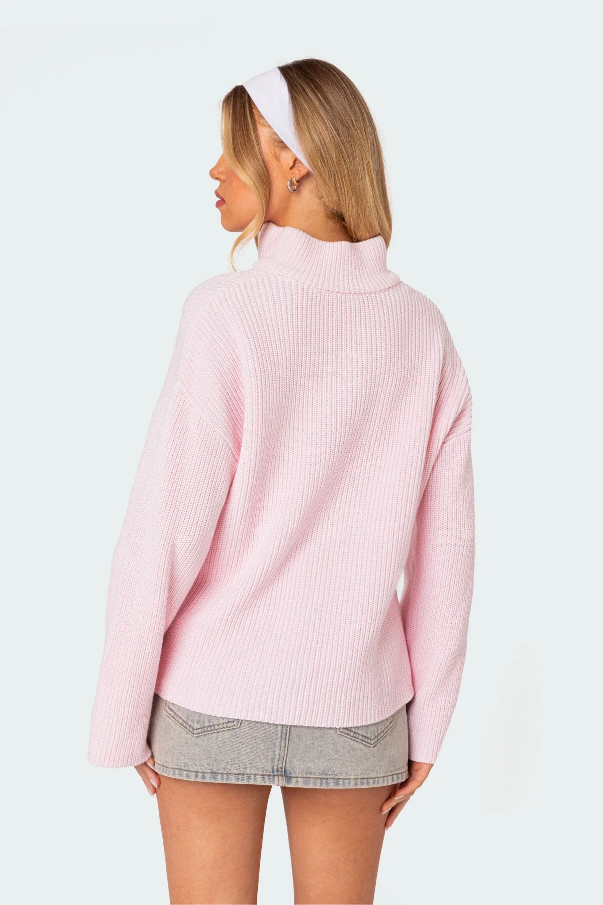 Pink Knitted High Neck Oversized Zip Sweater