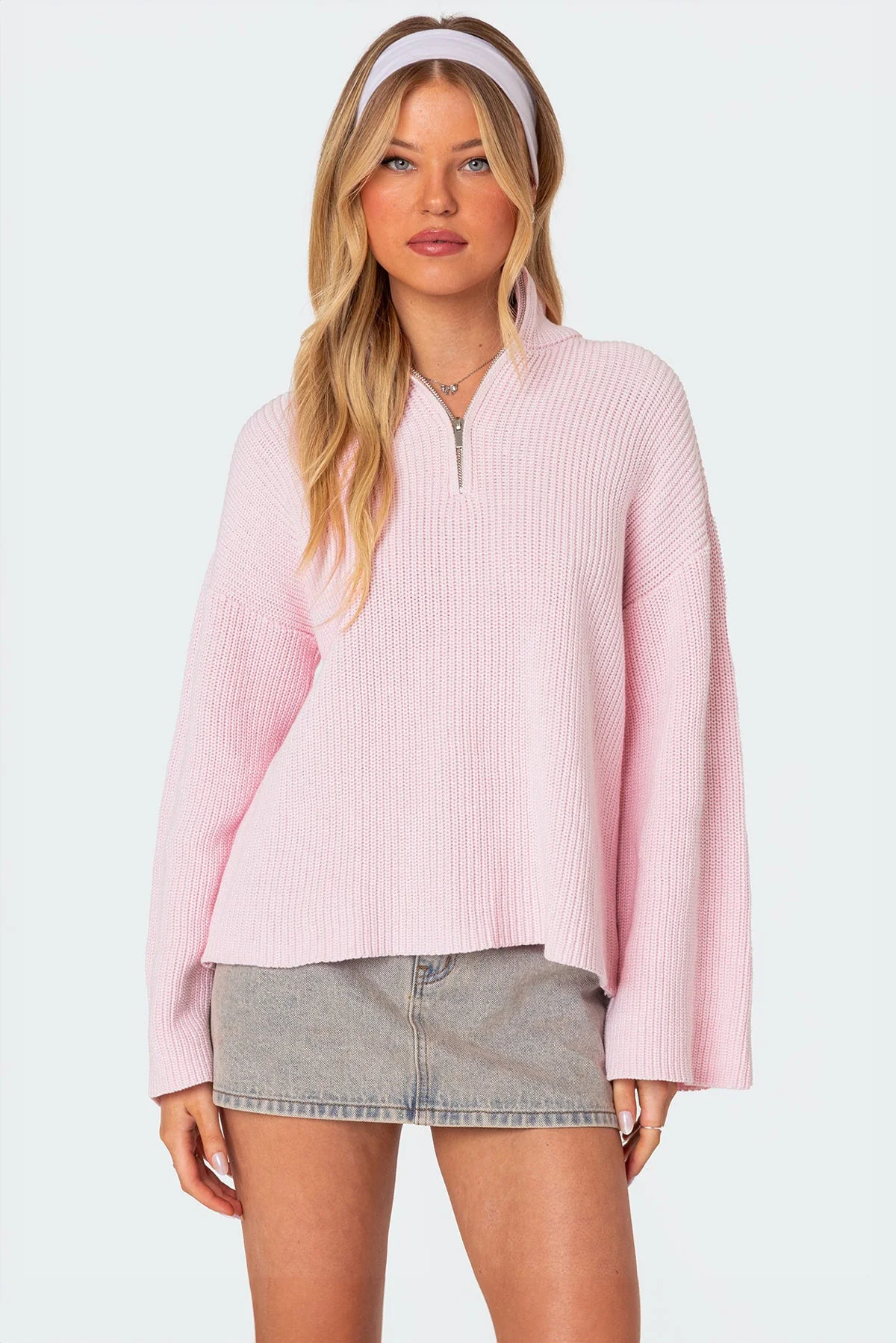 Pink Knitted High Neck Oversized Zip Sweater