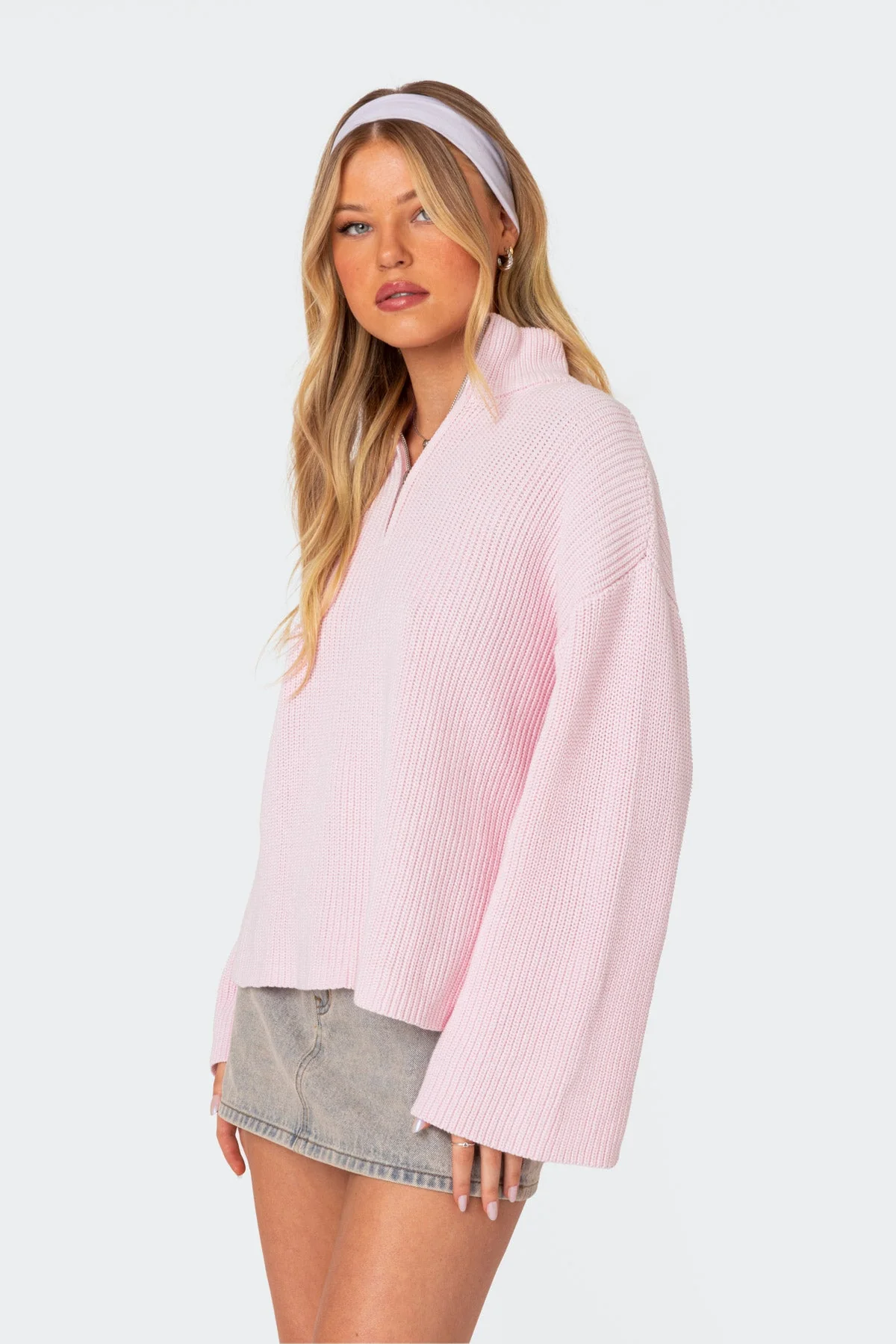 Pink Knitted High Neck Oversized Zip Sweater
