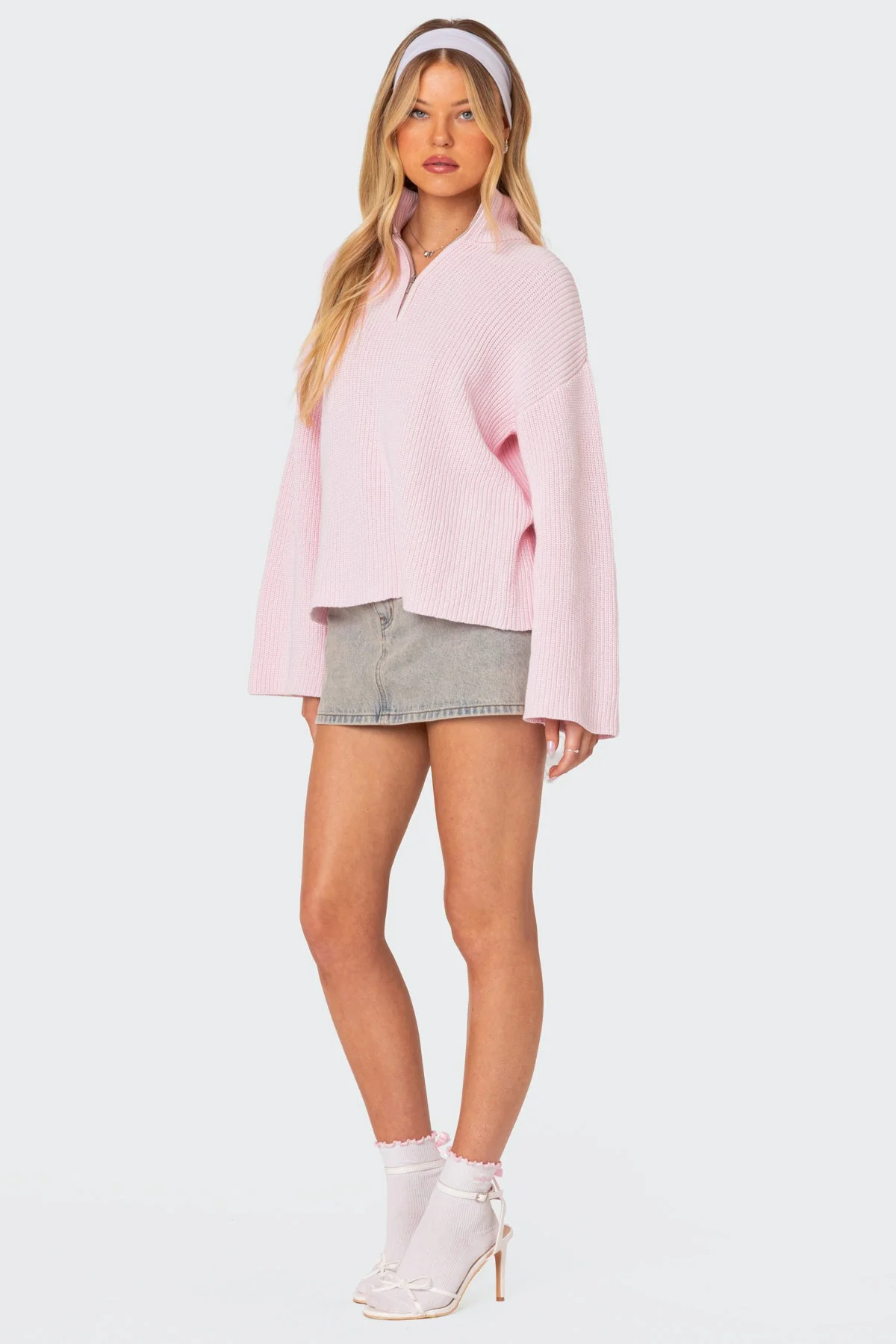 Pink Knitted High Neck Oversized Zip Sweater
