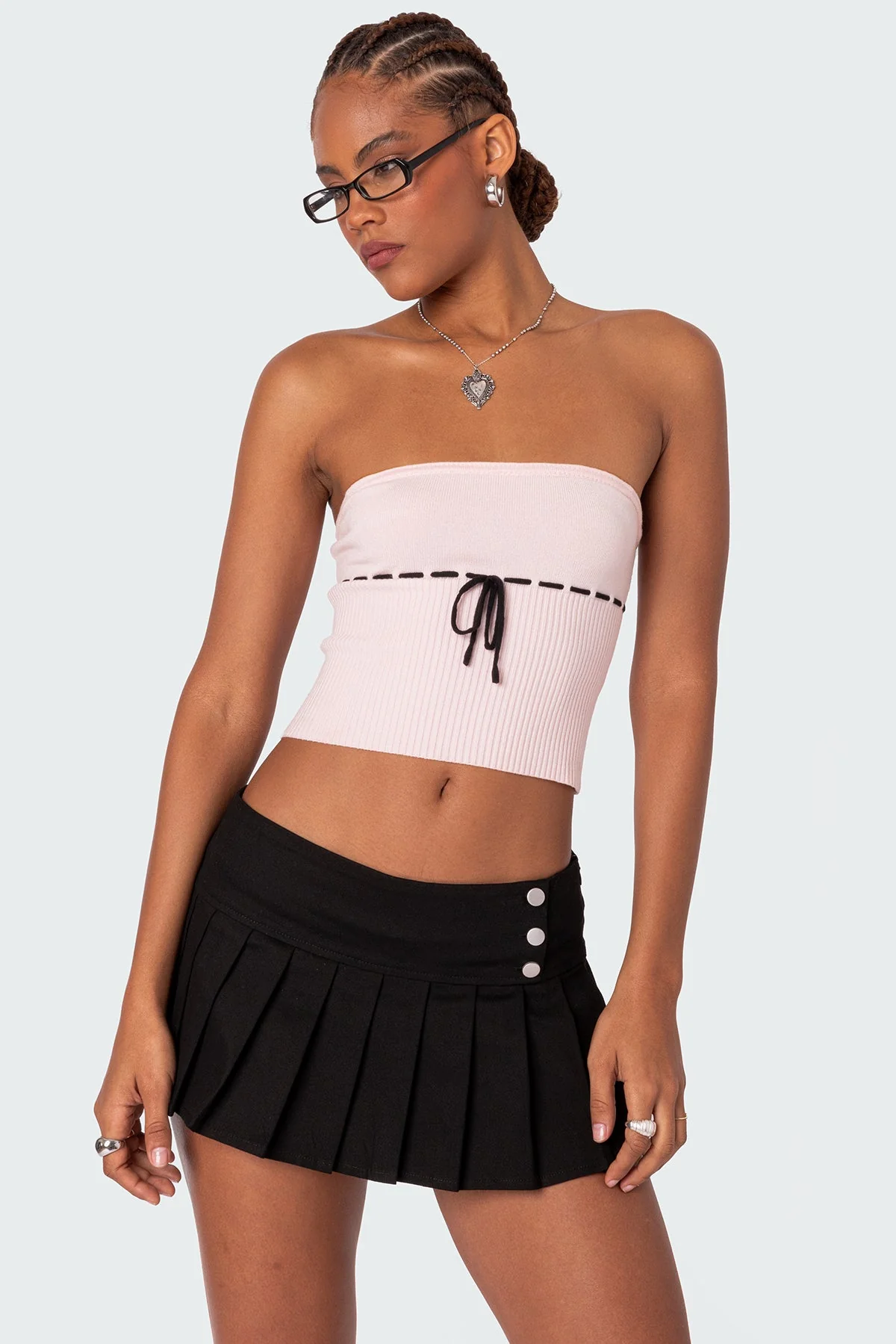 Pink Knitted Tube Top with Contrast Tie Detail