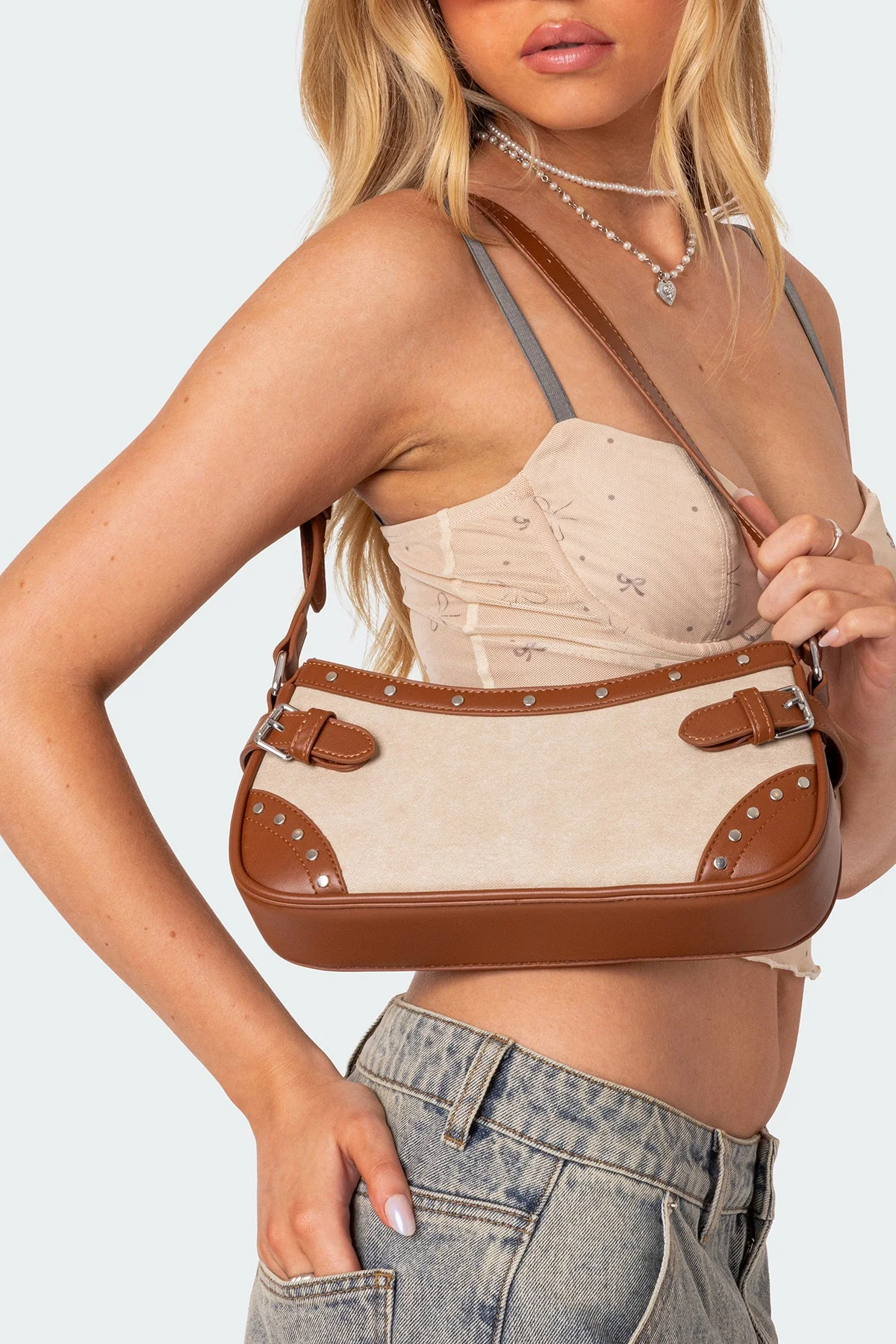 Brown Faux Leather Shoulder Bag with Buckle and Stud Detailing