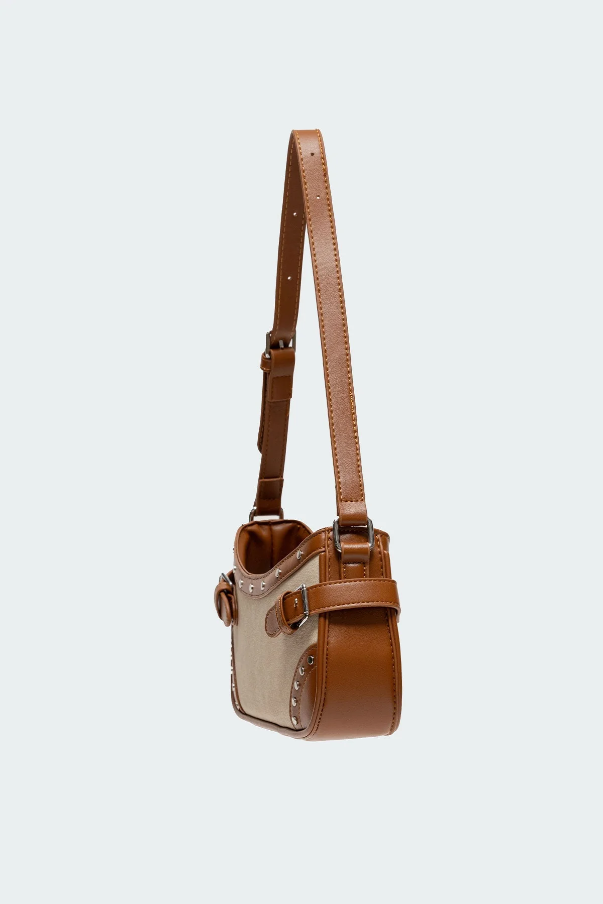 Brown Faux Leather Shoulder Bag with Buckle and Stud Detailing
