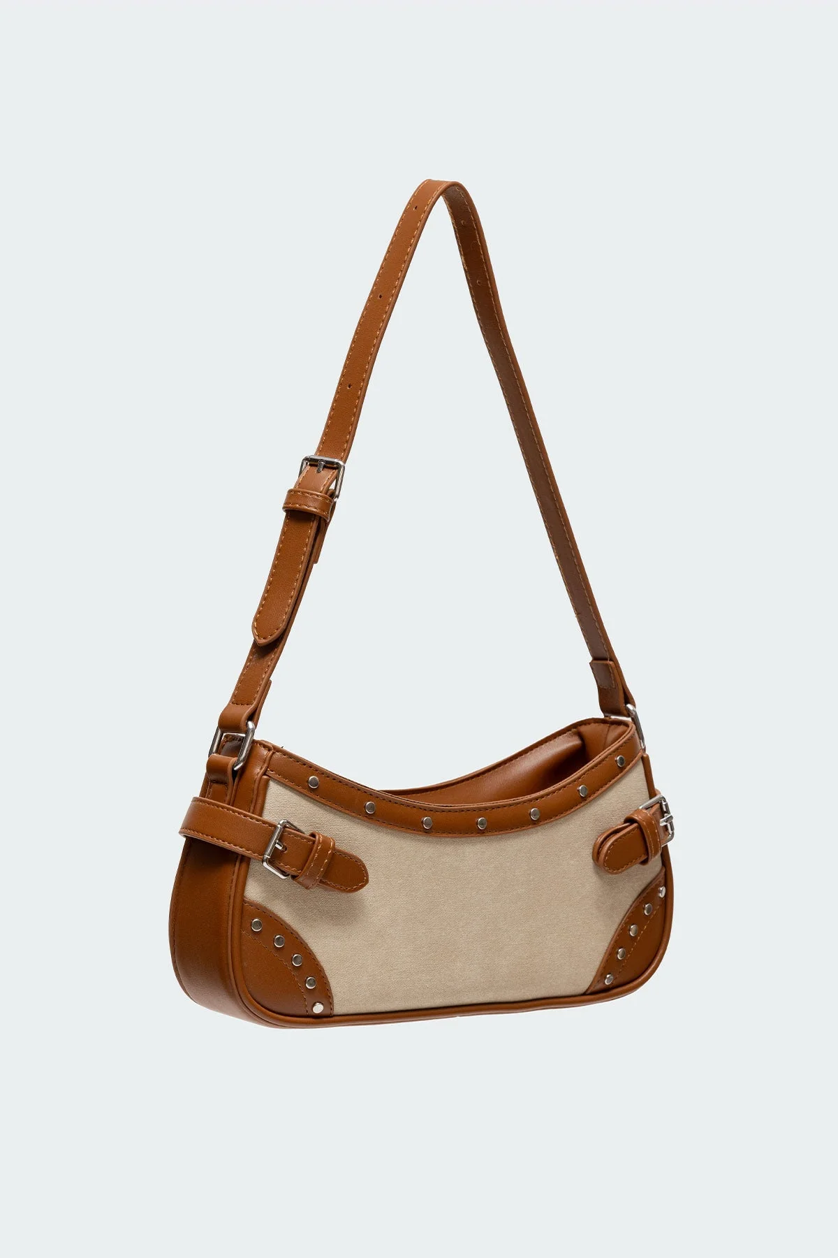 Brown Faux Leather Shoulder Bag with Buckle and Stud Detailing