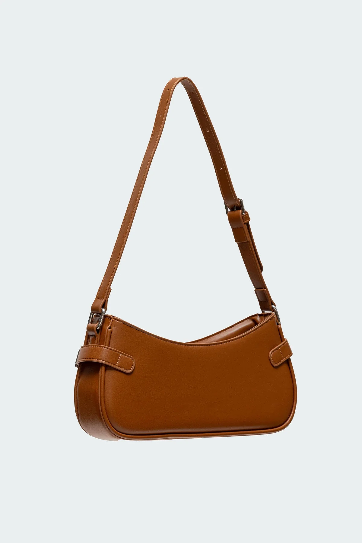Brown Faux Leather Shoulder Bag with Buckle and Stud Detailing
