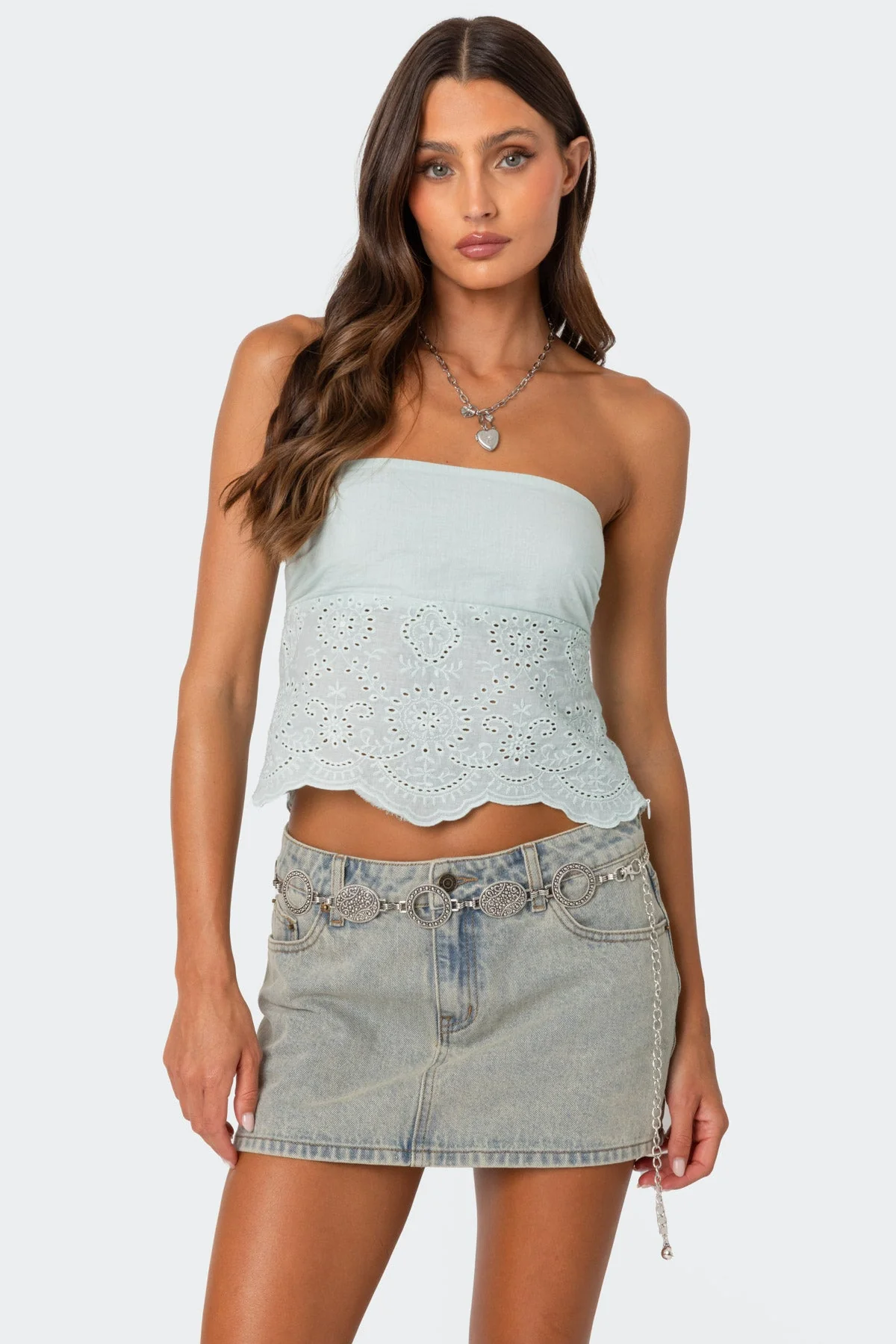 Mint Scalloped Eyelet Tube Top Womens Strapless Blouse