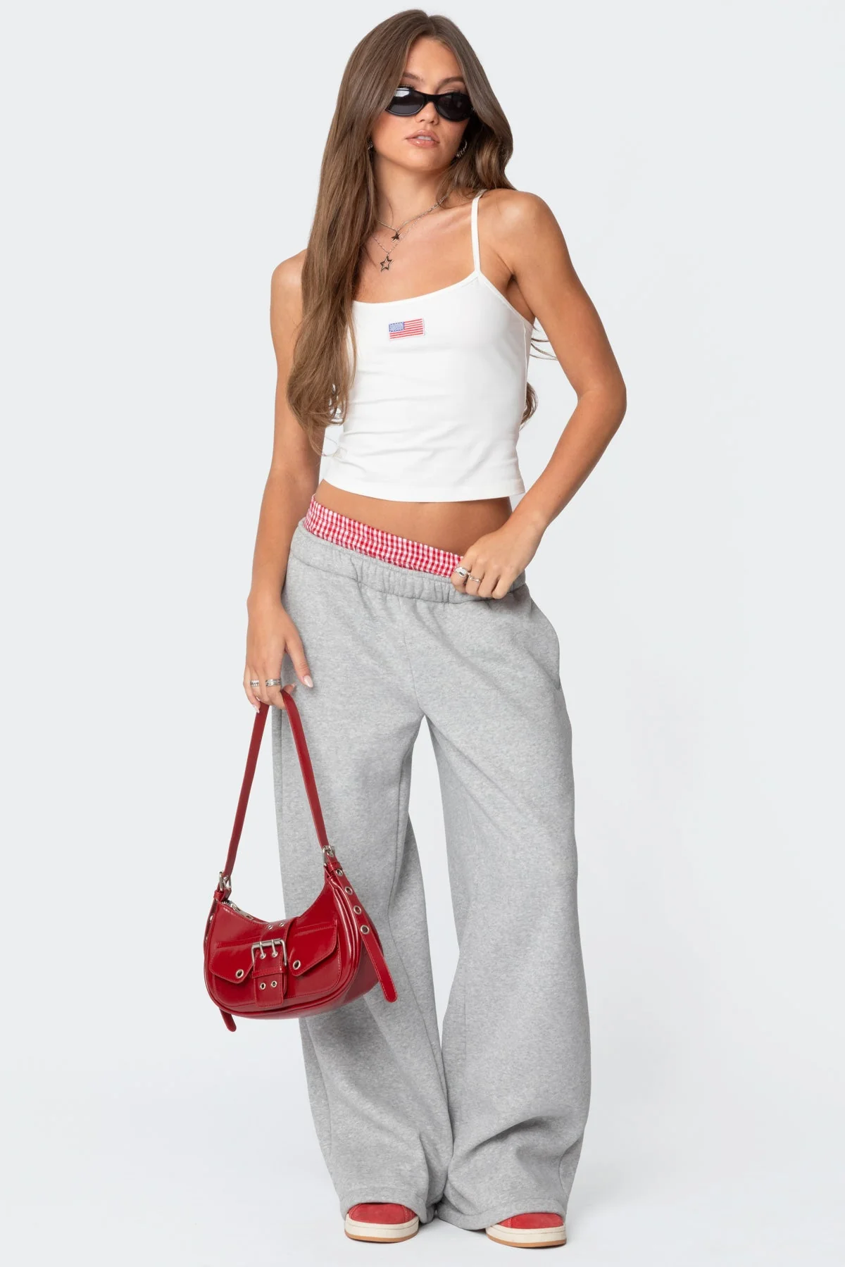 Gray Wide Leg Sweatpants with Gingham Boxer Detail