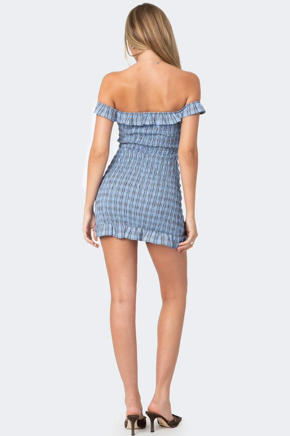 Blue Plaid Off Shoulder Mini Dress