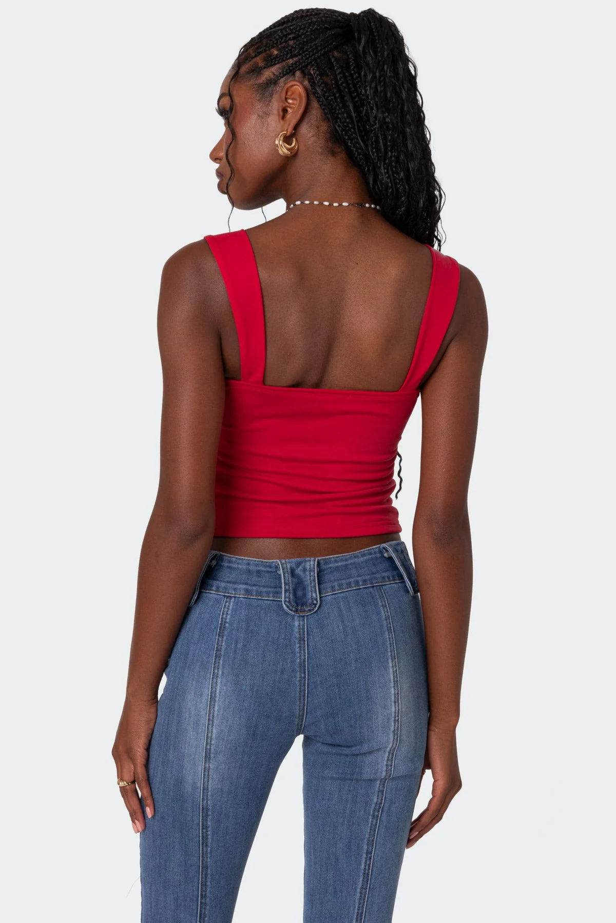 Red Cupped Tank Top Ruched Bust Womens Sleeveless Shirt