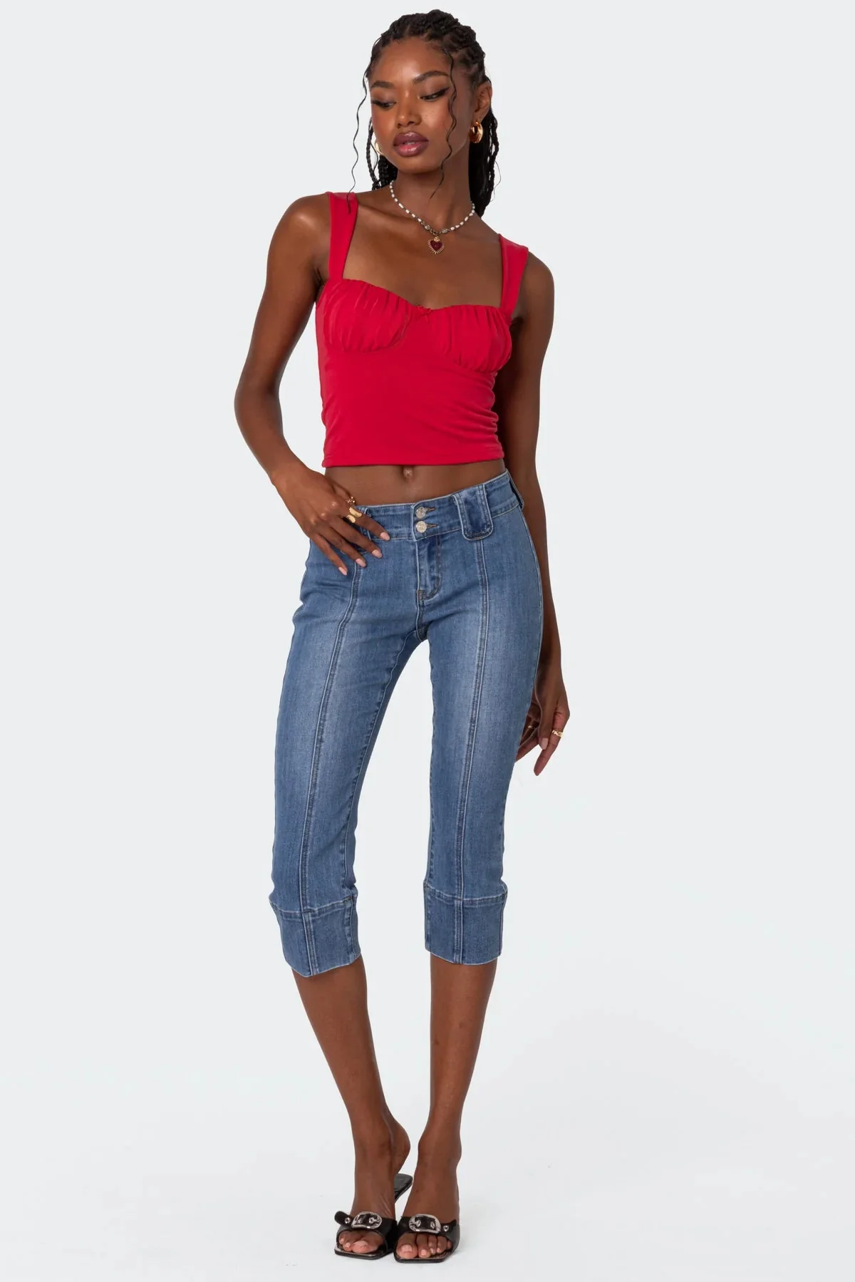 Red Cupped Tank Top Ruched Bust Womens Sleeveless Shirt