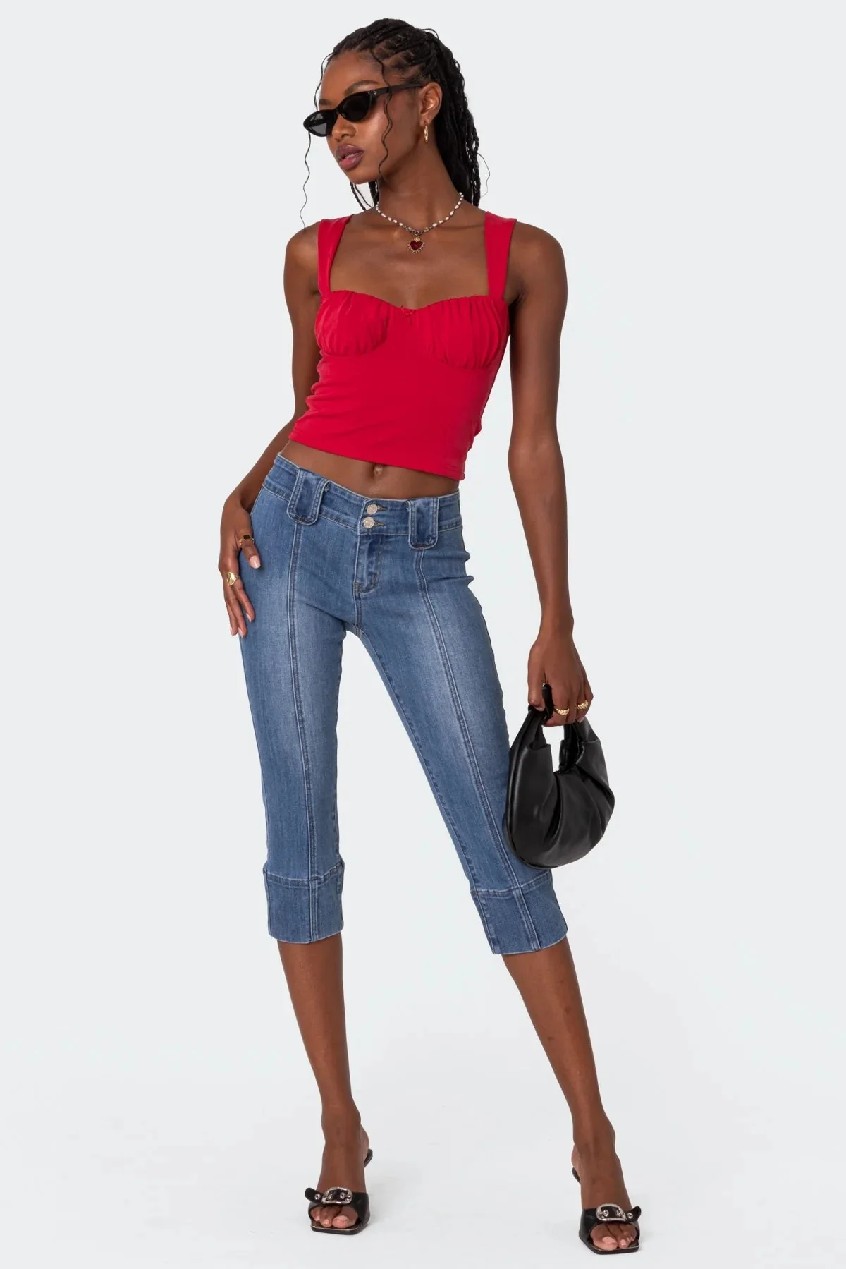 Red Cupped Tank Top Ruched Bust Womens Sleeveless Shirt