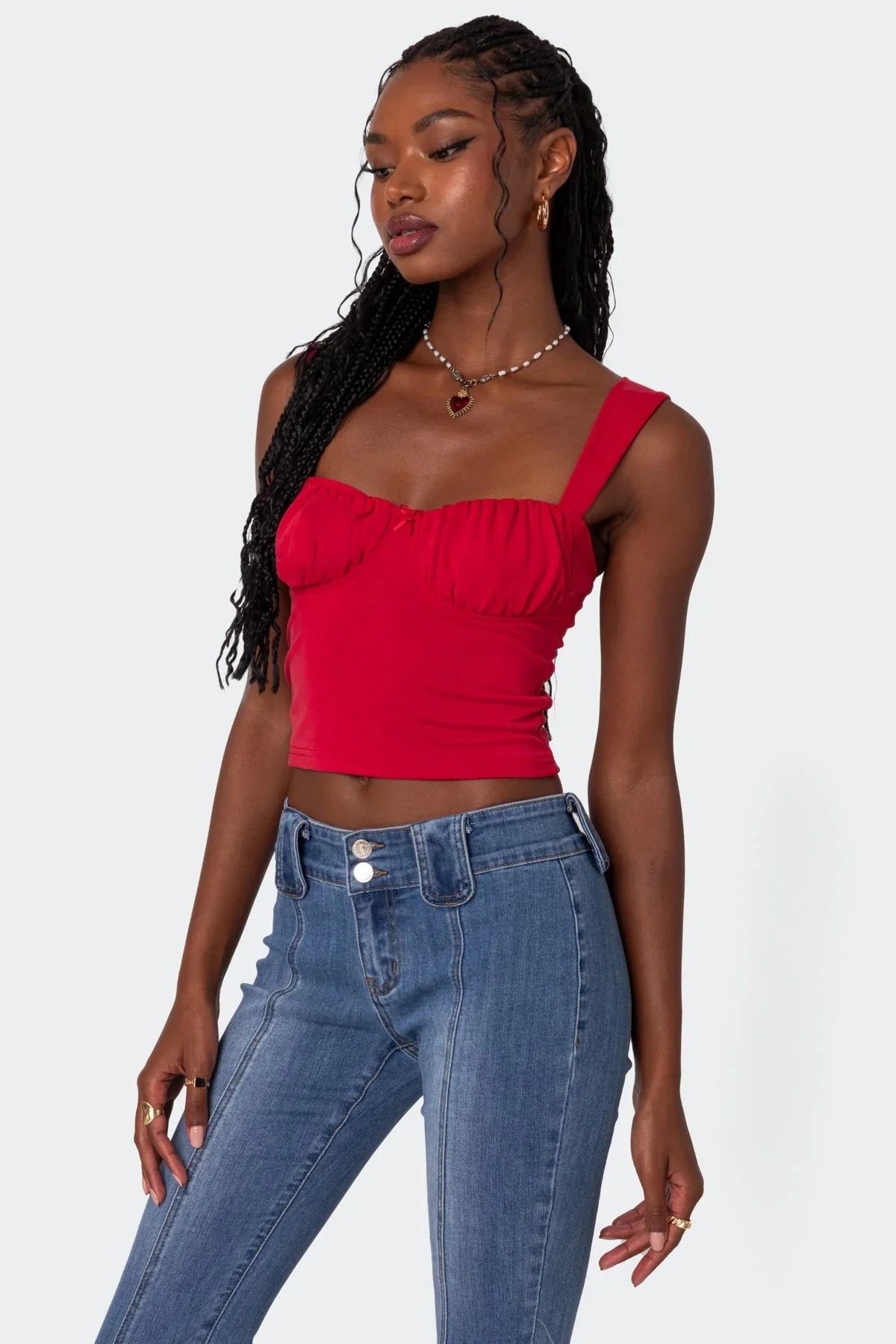 Red Cupped Tank Top Ruched Bust Womens Sleeveless Shirt