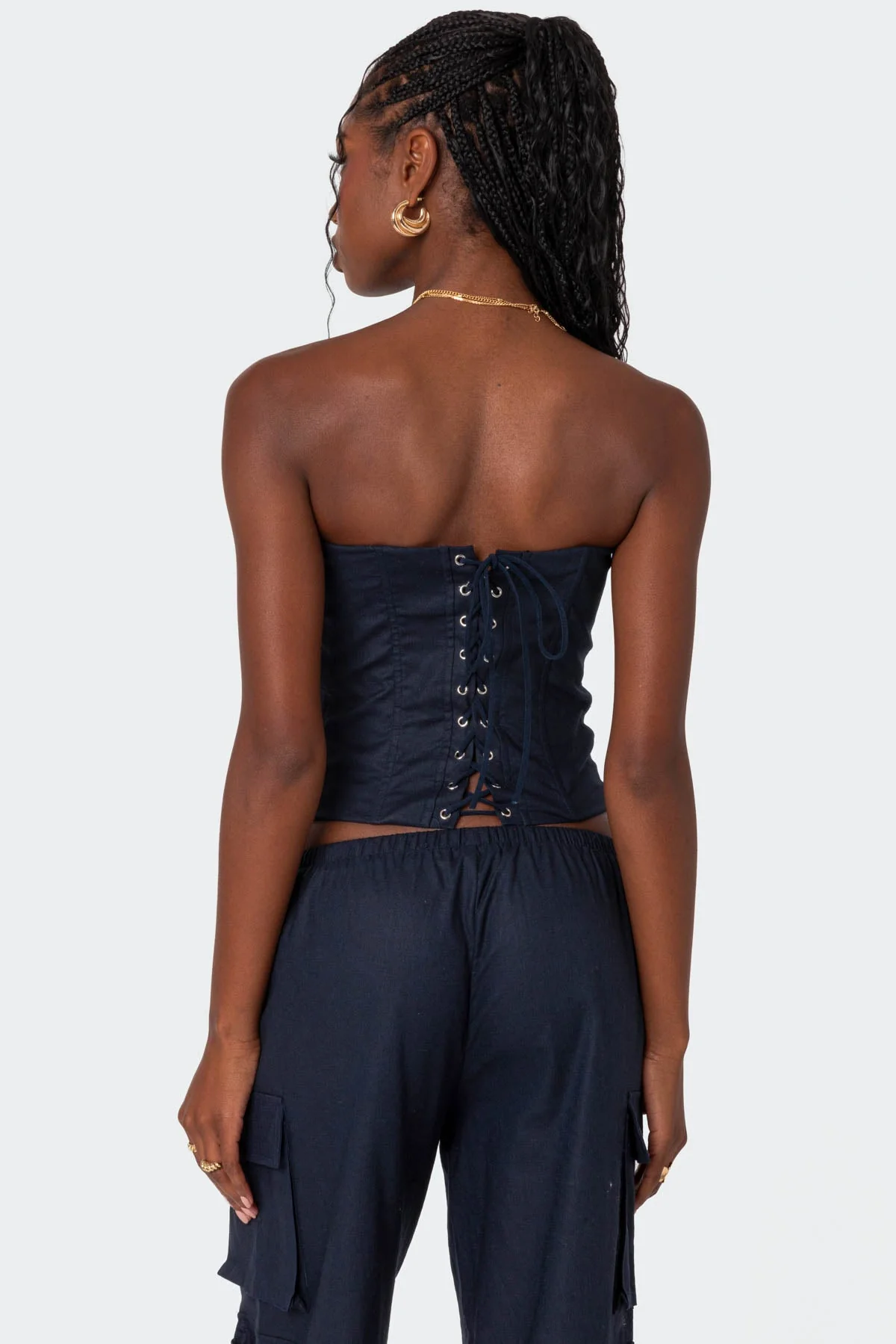 Navy Lace Up Back Linen Corset Set