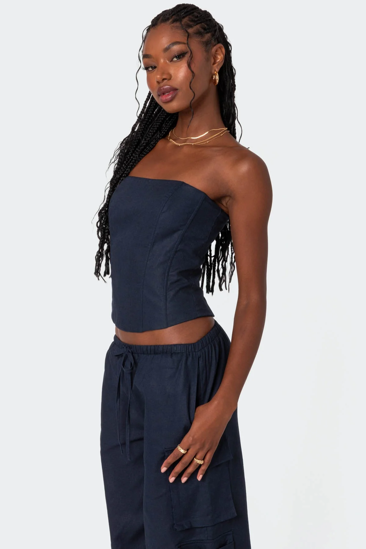 Navy Lace Up Back Linen Corset Set