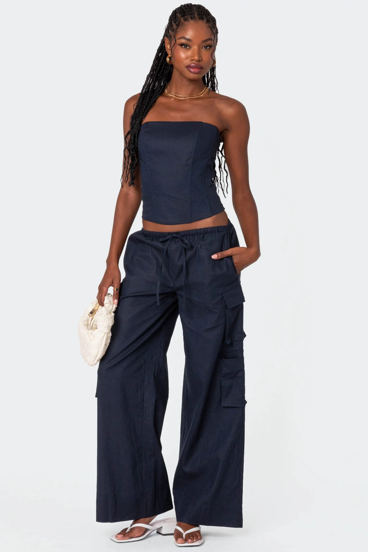 Navy Lace Up Back Linen Corset Set