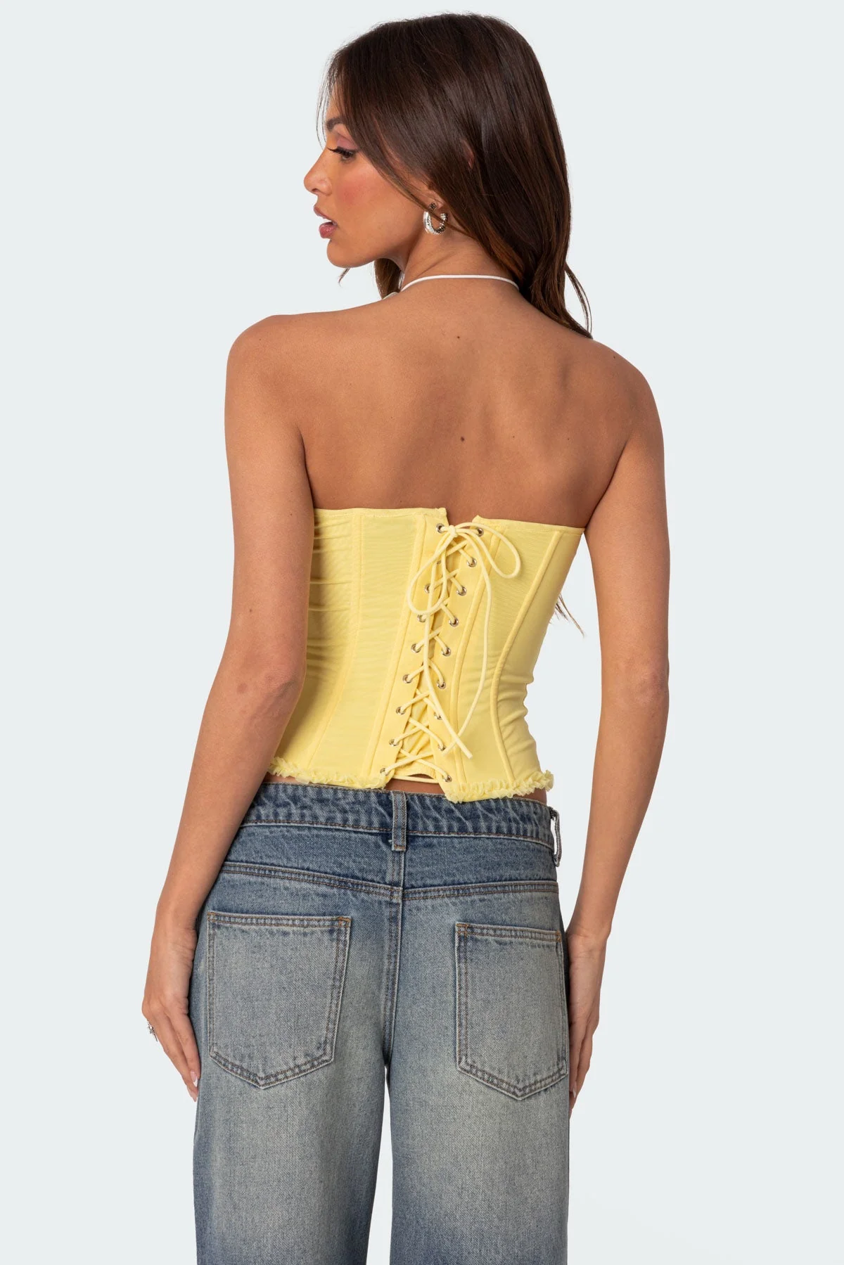 Yellow Mesh Lace-Up Corset - Stylish Boned Bodice Design