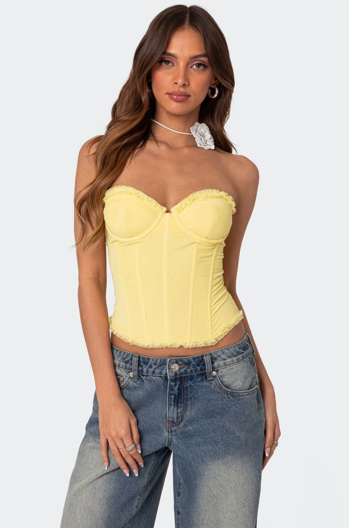 Yellow Mesh Lace-Up Corset - Stylish Boned Bodice Design