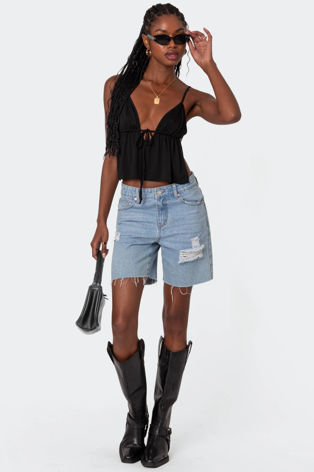 Black Tie Front Open Back Tank Top