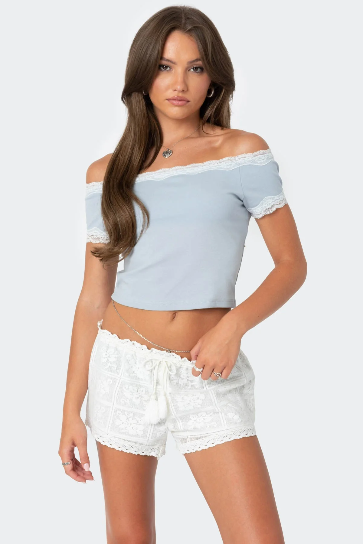 Light Blue Lace Trim Crop Top